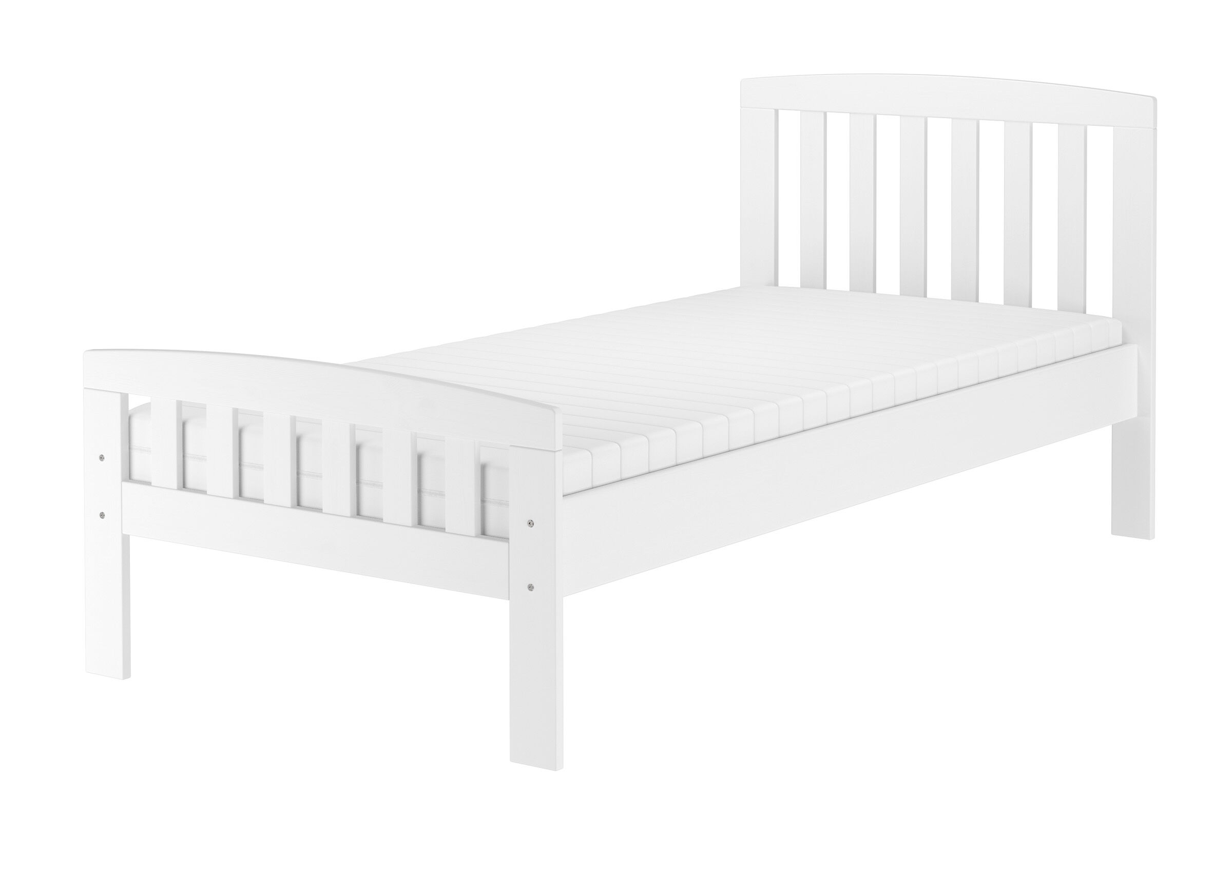 bettgestell, holzbett, weiße farbe, geradstäbe, einzelbett, Kiefernbett 90x200 mit Rollrost und Matratze