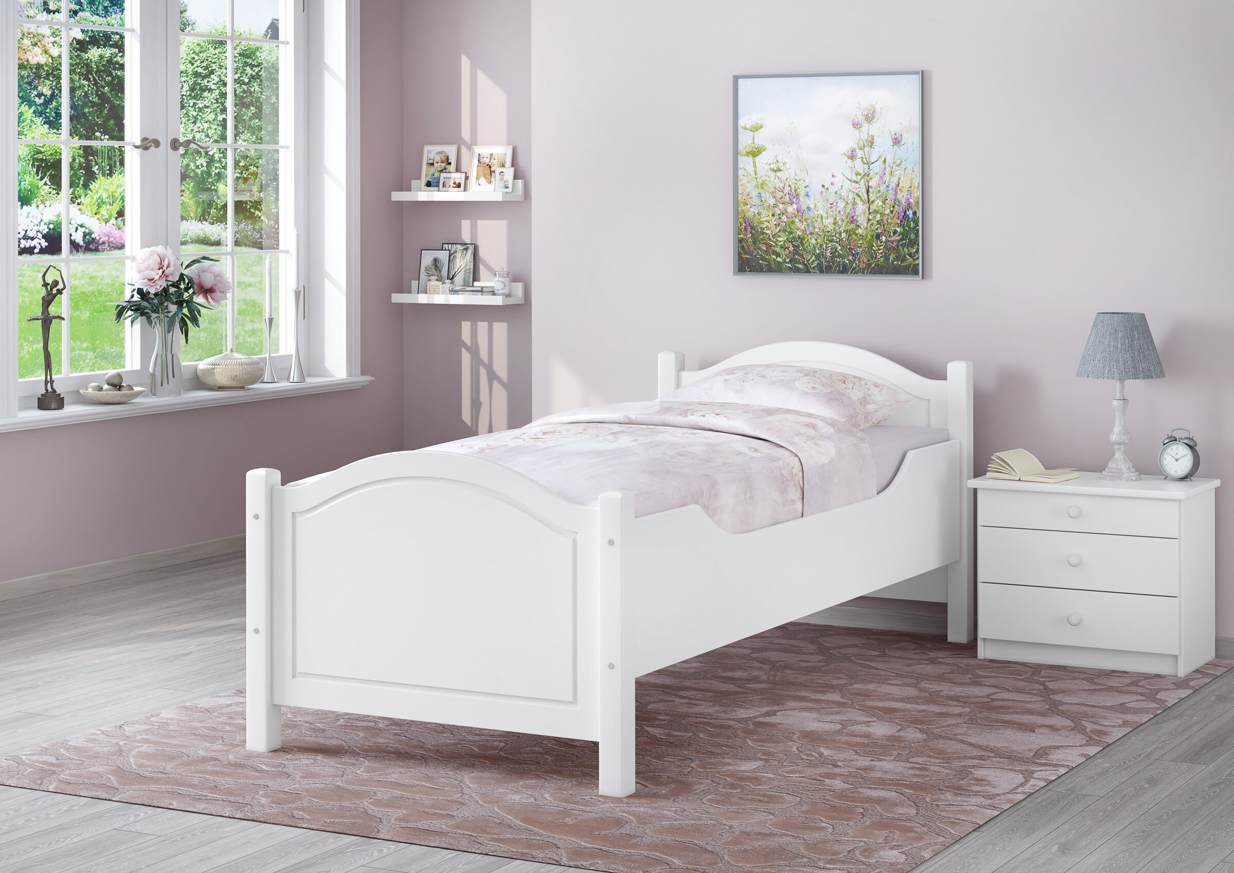 Bettenrahmen, Kinderzimmer, weiß, Holz, Rosa, Gästezimmer mit Einzelbett Kiefer waschweiß
