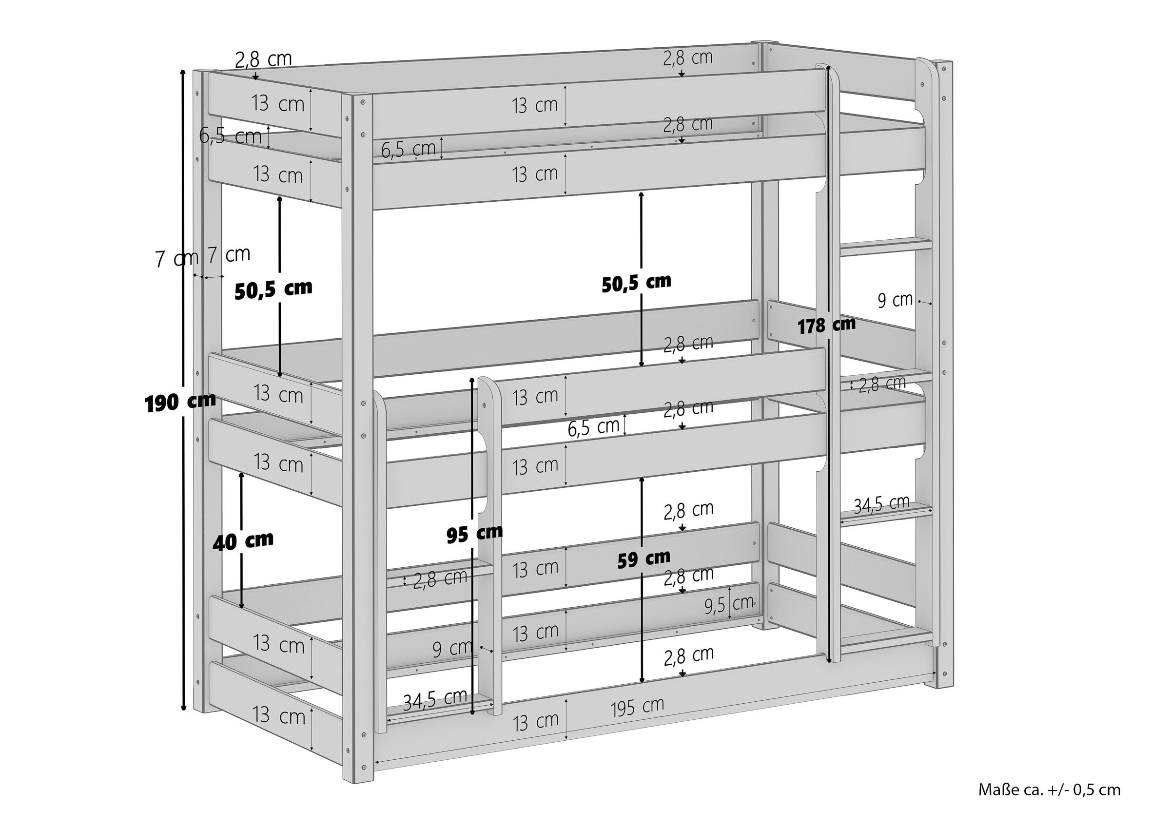 Hochbett, Holzbett, Etagenbett, Treppenstufen, Maße 190 cm, Skizze 3er Etagenbett