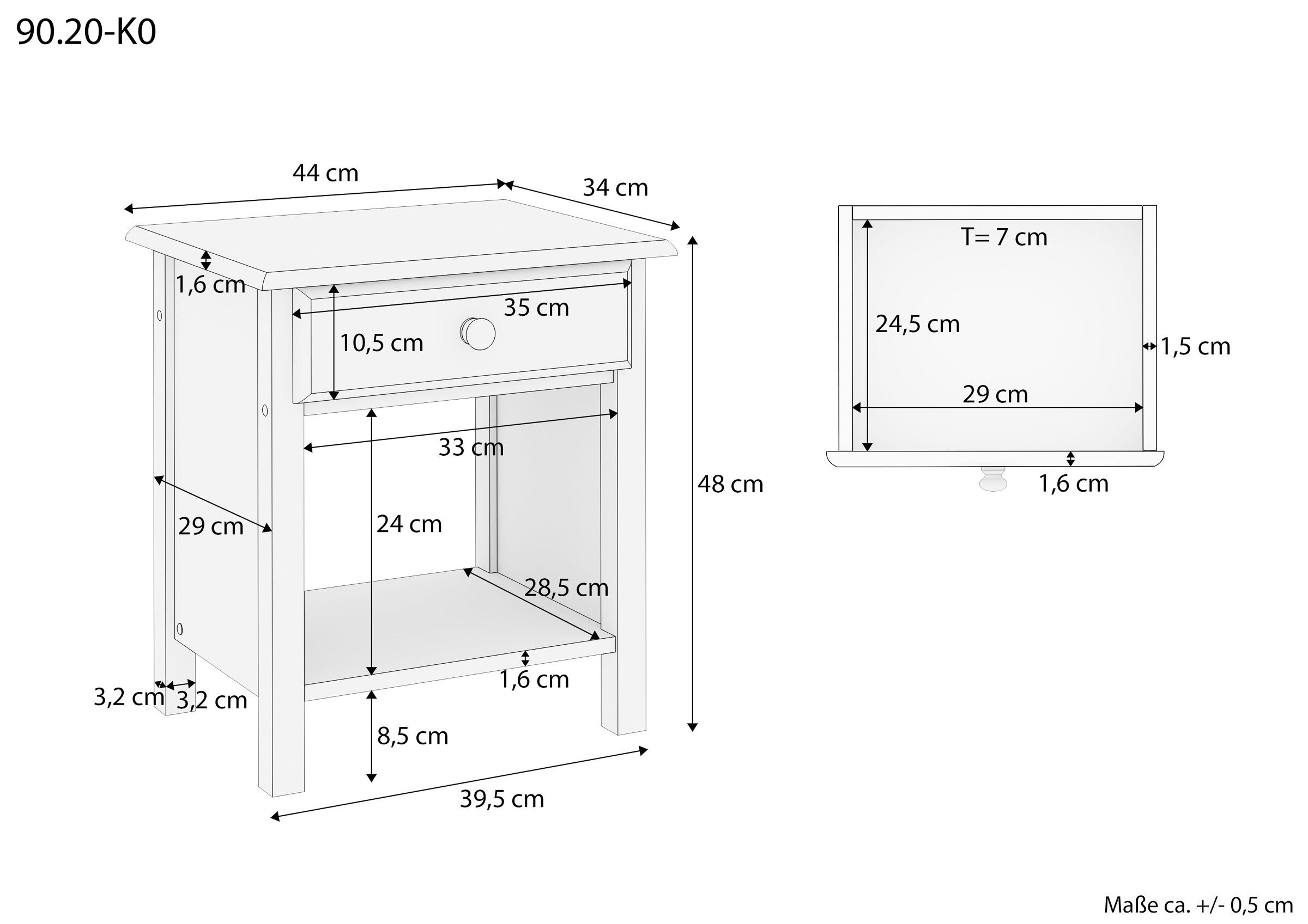 Nachttisch, Kleiner Schreibtisch, Holzstuhl, Schublade, Offenes Fach, Maße des Massivholz Nachtkästchens