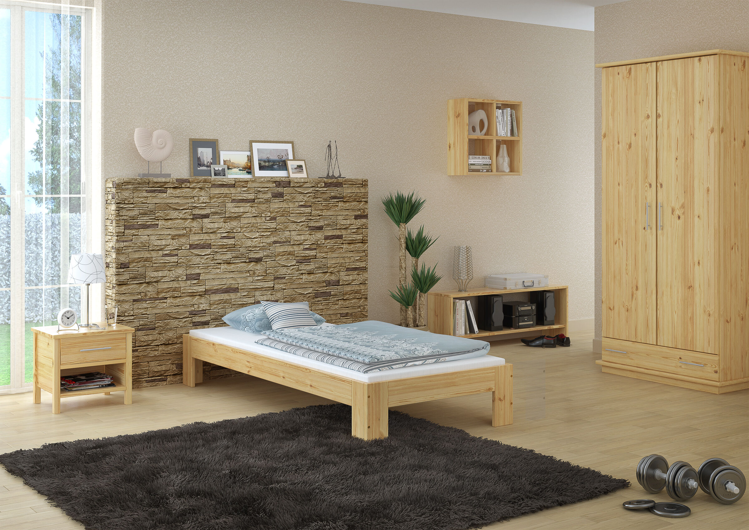 Holzbettrahmen, Holzschrank, Wandregal, Kissen & Decken, Teppich, Schlafzimmer mit Einzelbett Kiefer natur
