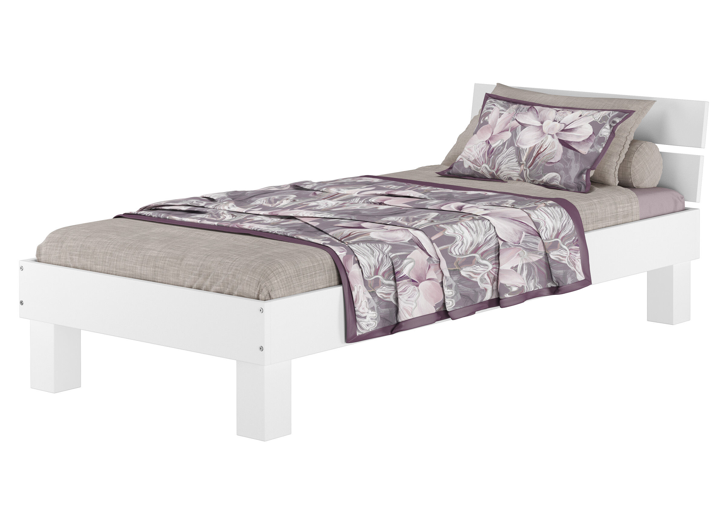 Bett, Bettwäsche, Kissenbezug, Blumenmuster, Möbelfarbe, Waschweißes Massivholzbett 100x200 mit Lehne