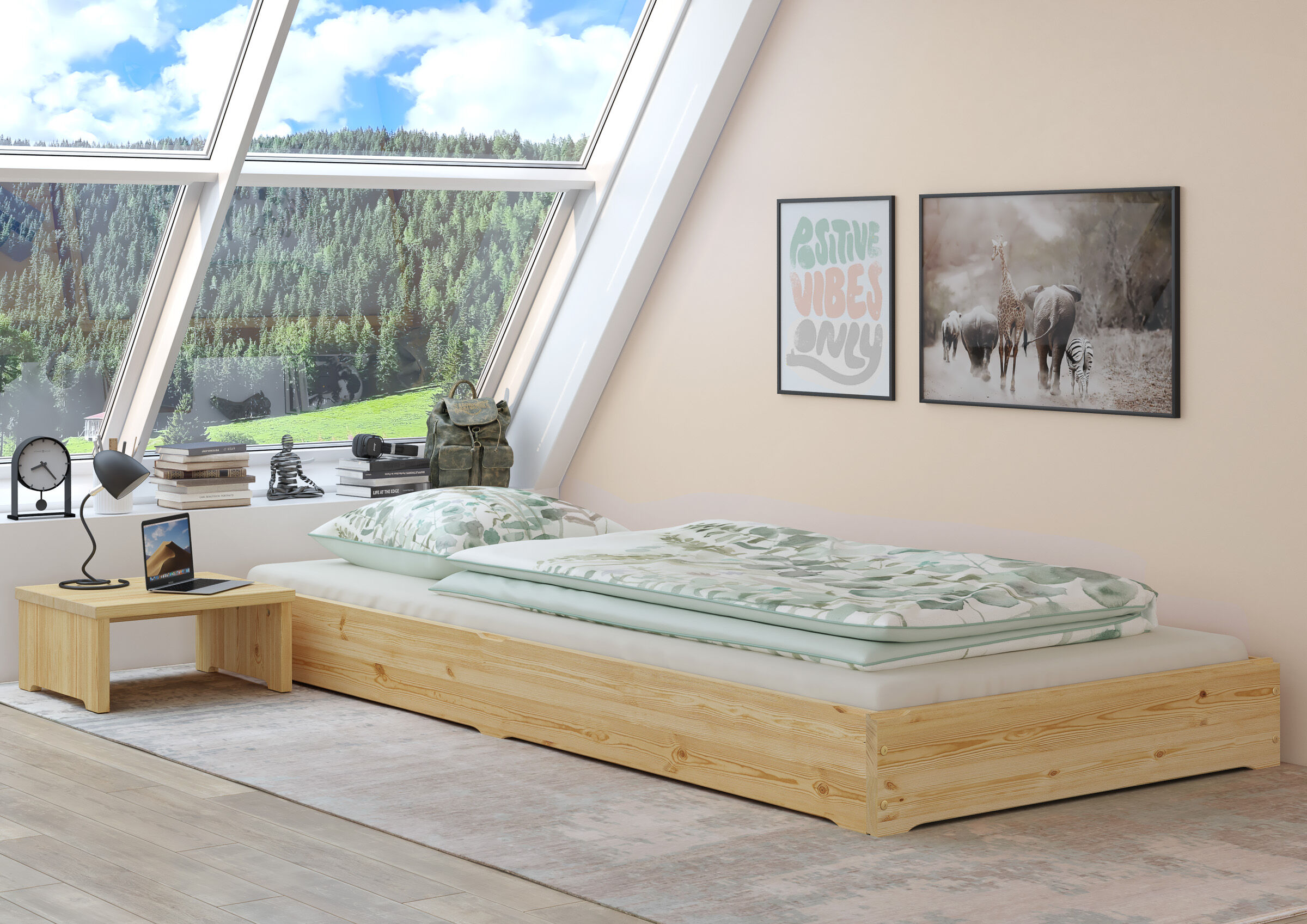 Innenarchitektur, Mobiliar, Malerei, Handtasche, Bett, Zimmerbild des Kieferholzbettes 90x200