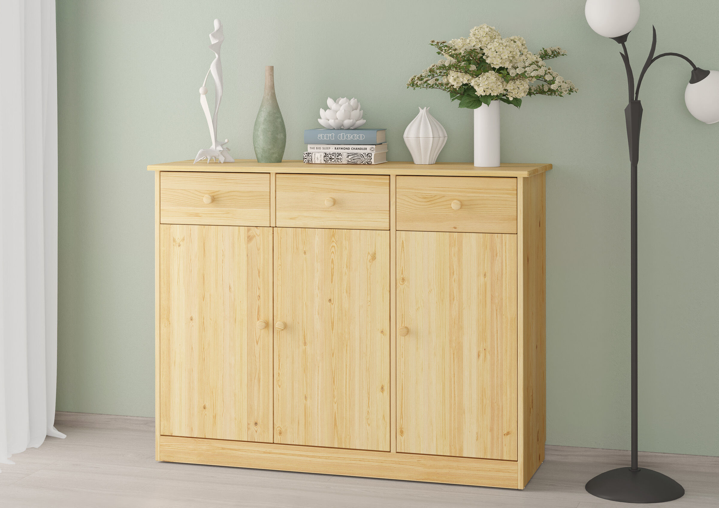 holzsideboard, kommode, holzmöbel, drehtüren, pflanzen-deko, Elegante Kiefer Kommode mit 3 Schubladen u 3 Türen