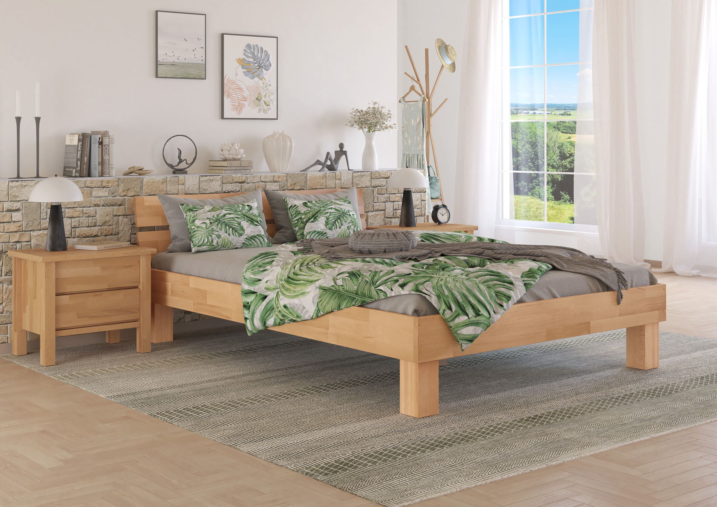 bett, holz, bettgestell, nachtisch, pflanzenmuster, Stabiles Doppelbett 140x200 aus Buchenholz