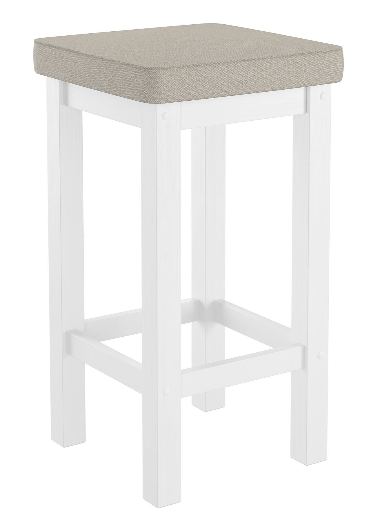Barhocker, Holzstuhl, weißer Rahmen, Sitzkissen, beige Sitzkissen, niedriger-Barhocker-gepolstert-beige