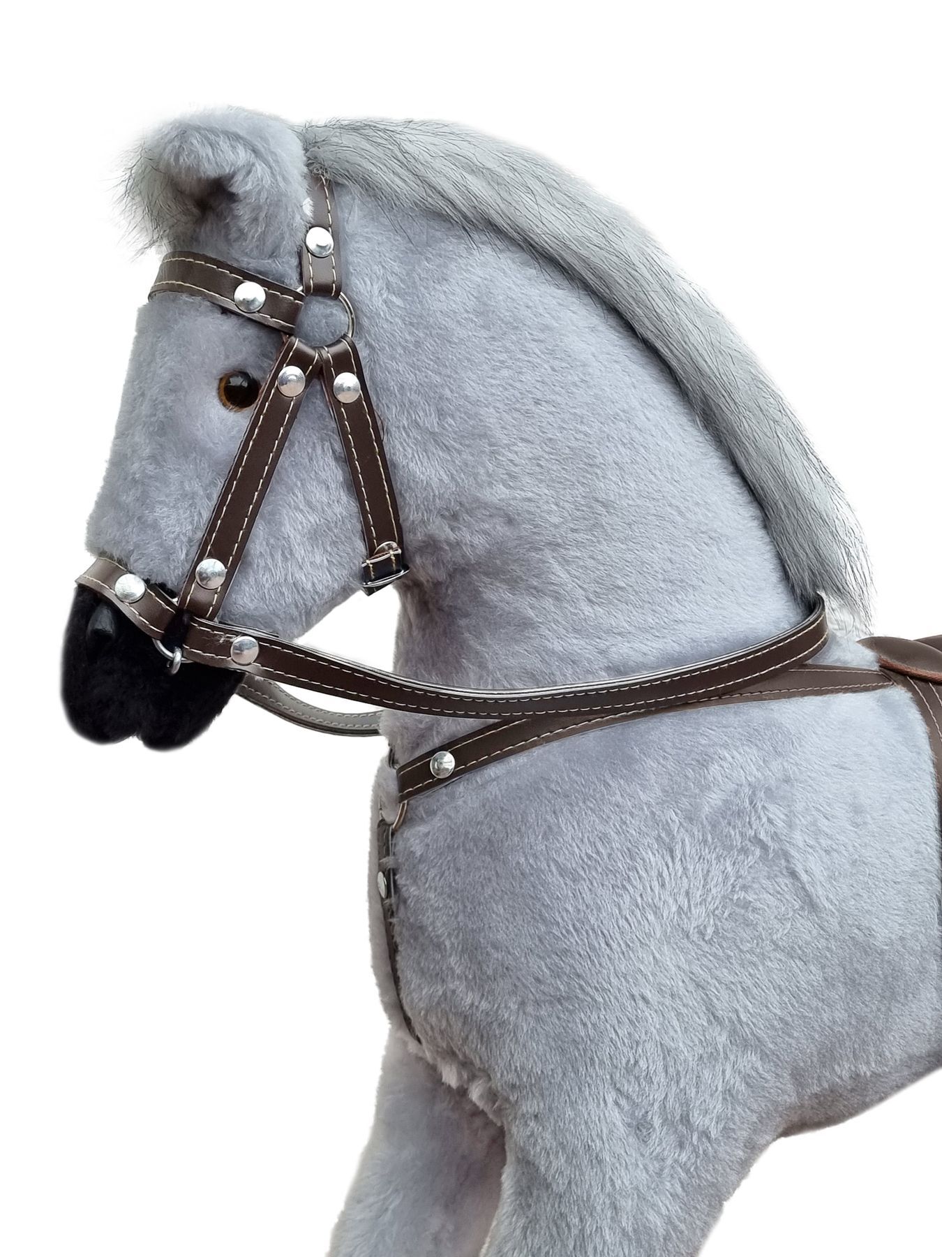 Pferd, Stoffpferd, Halter, Halsband, grau, Zaumzeug Schaukelpferd