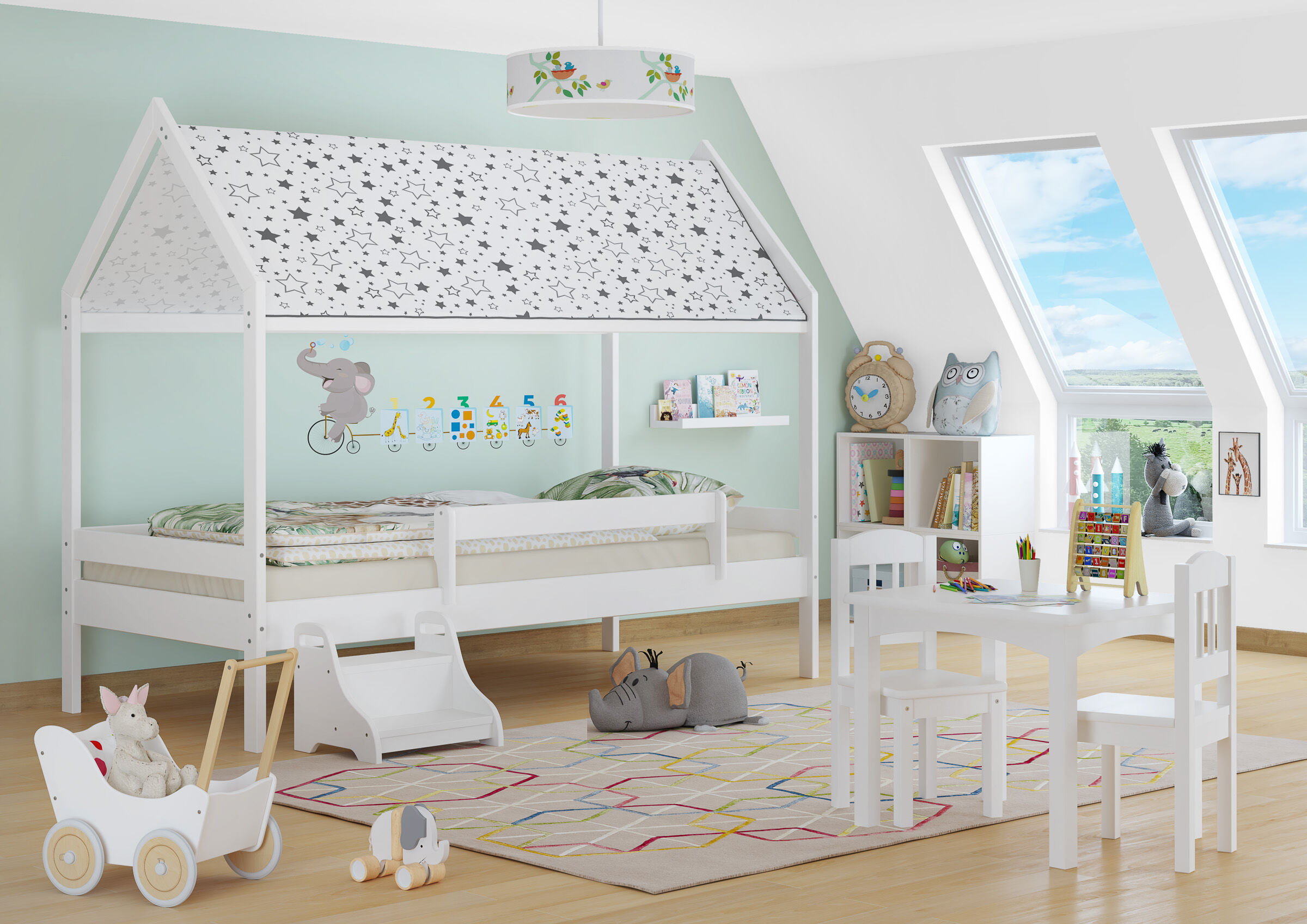 Kinderbett, Etagenbett, Sterne Muster, Weiß, Kinderzimmer, Kinderzimmer mit Sternenbett und Tritthocker weiß