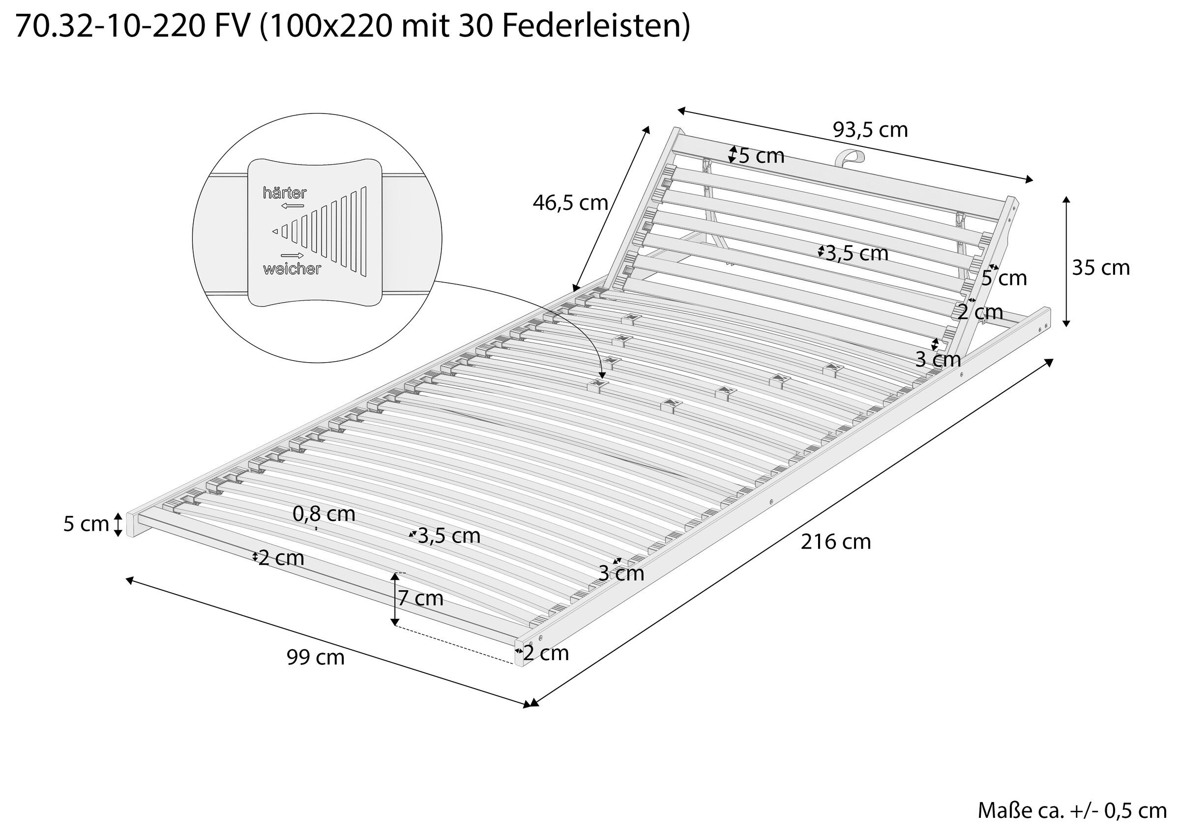 Holzbettrahmen, Bettrost, Lattenrost, verstellbar, Holzrahmen, Skizze mit Maße