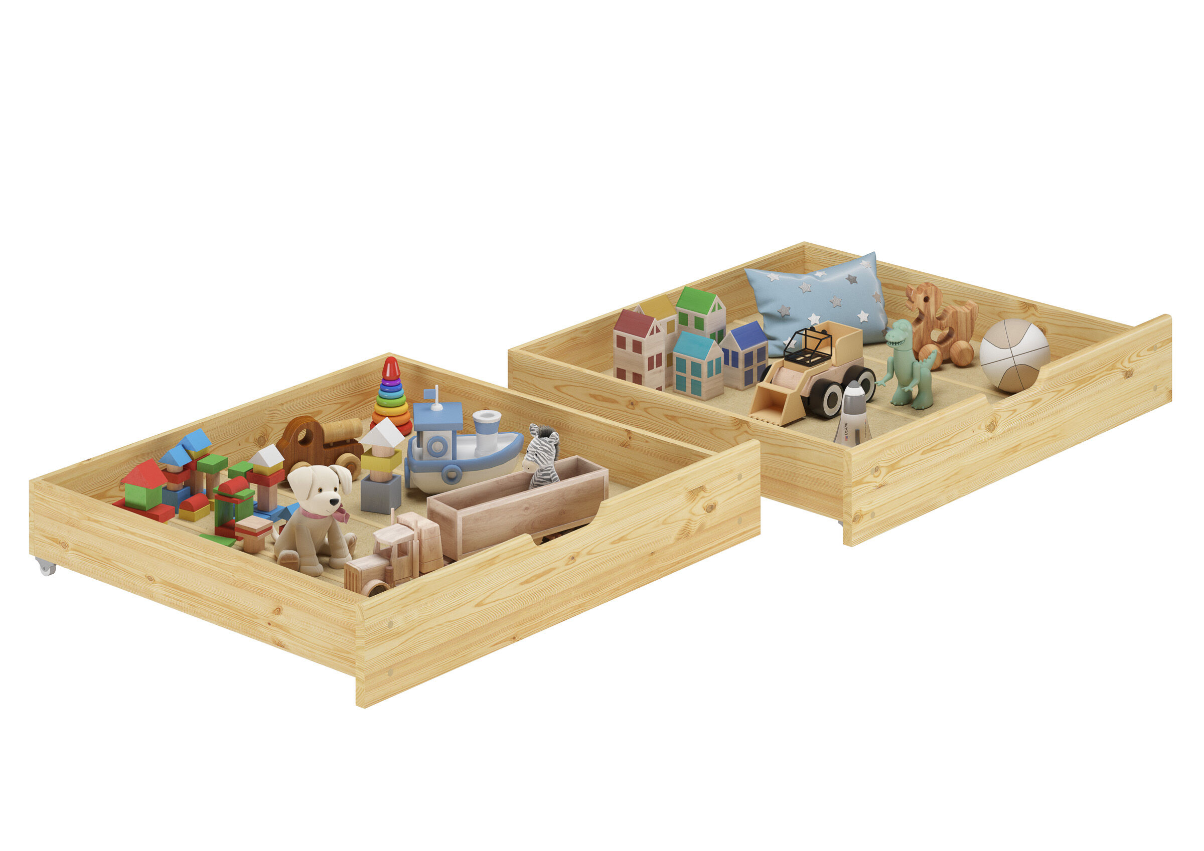 Holzspielzeug, Kinderspielzeug, Bauklötze, Tierfiguren, Würfelspielzeug, 2 Bettkästen