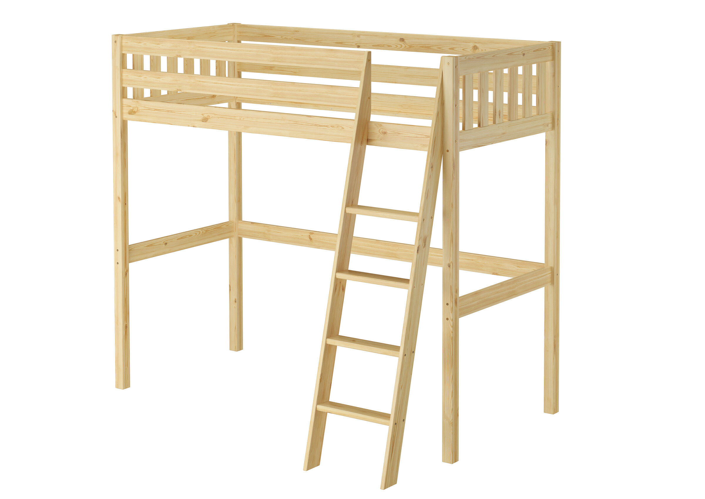 Hochbett, Holz, Kiefer, Leiter, Rahmenbett, Platzsparendes Massivholzbett 90x200