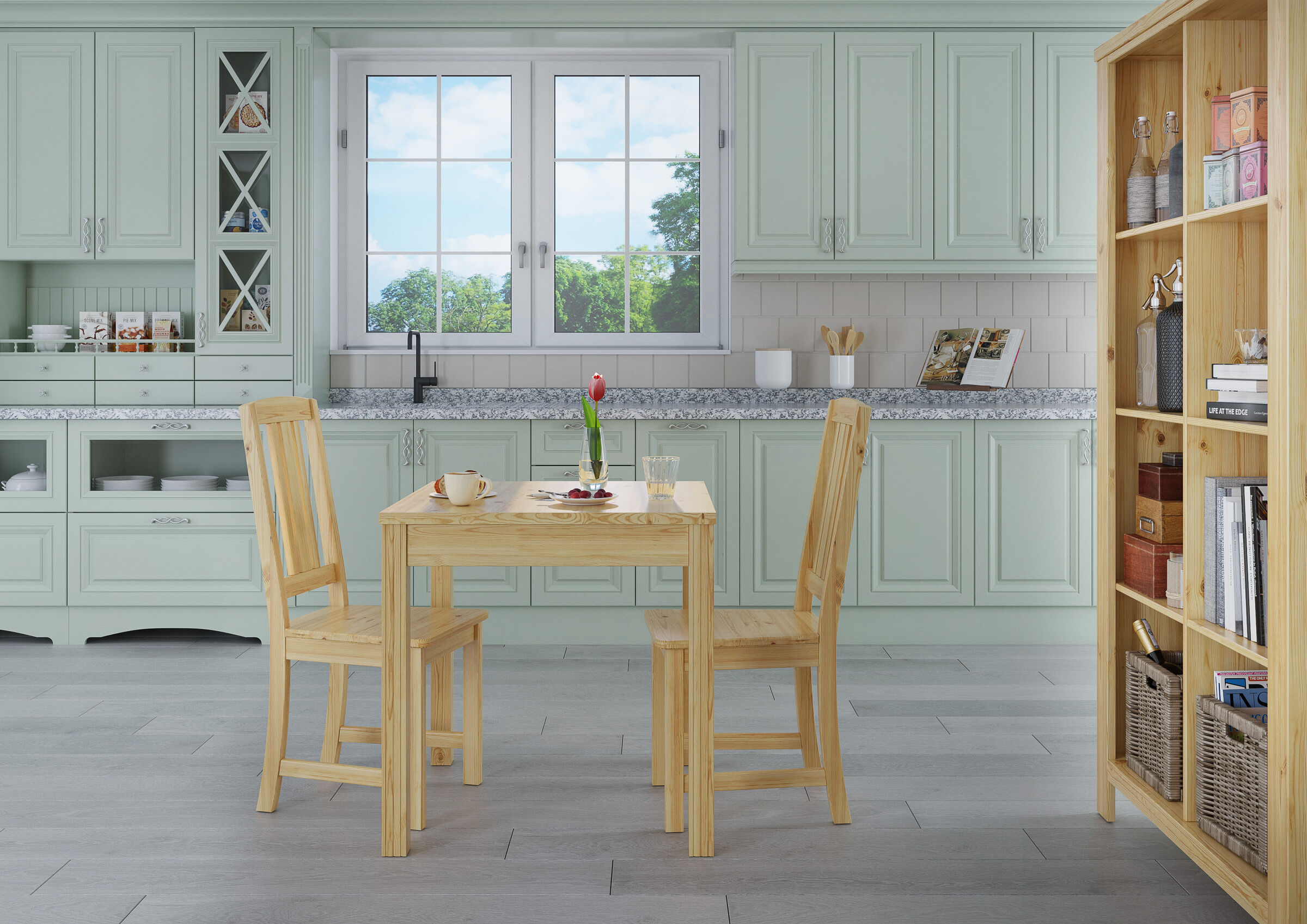 küchenfront, mintgrün, küche, Holztisch, stuhl aus holz, Küchentisch Kiefer mit 2 Stühlen