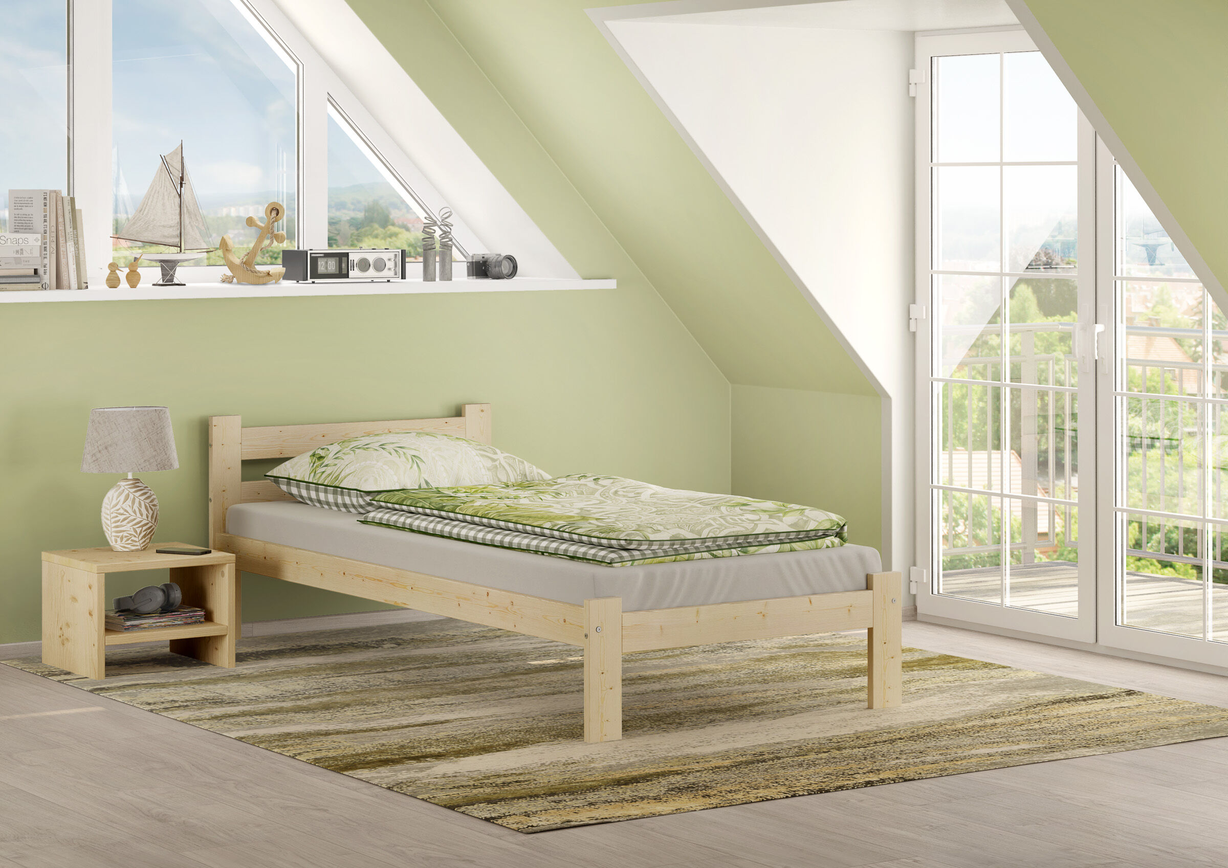 Kleines Kinderbett, Holzbett, Grüner Druck, Bettwäsche grün, Nachttisch, Zimmerbild des Futonbettes 90x200