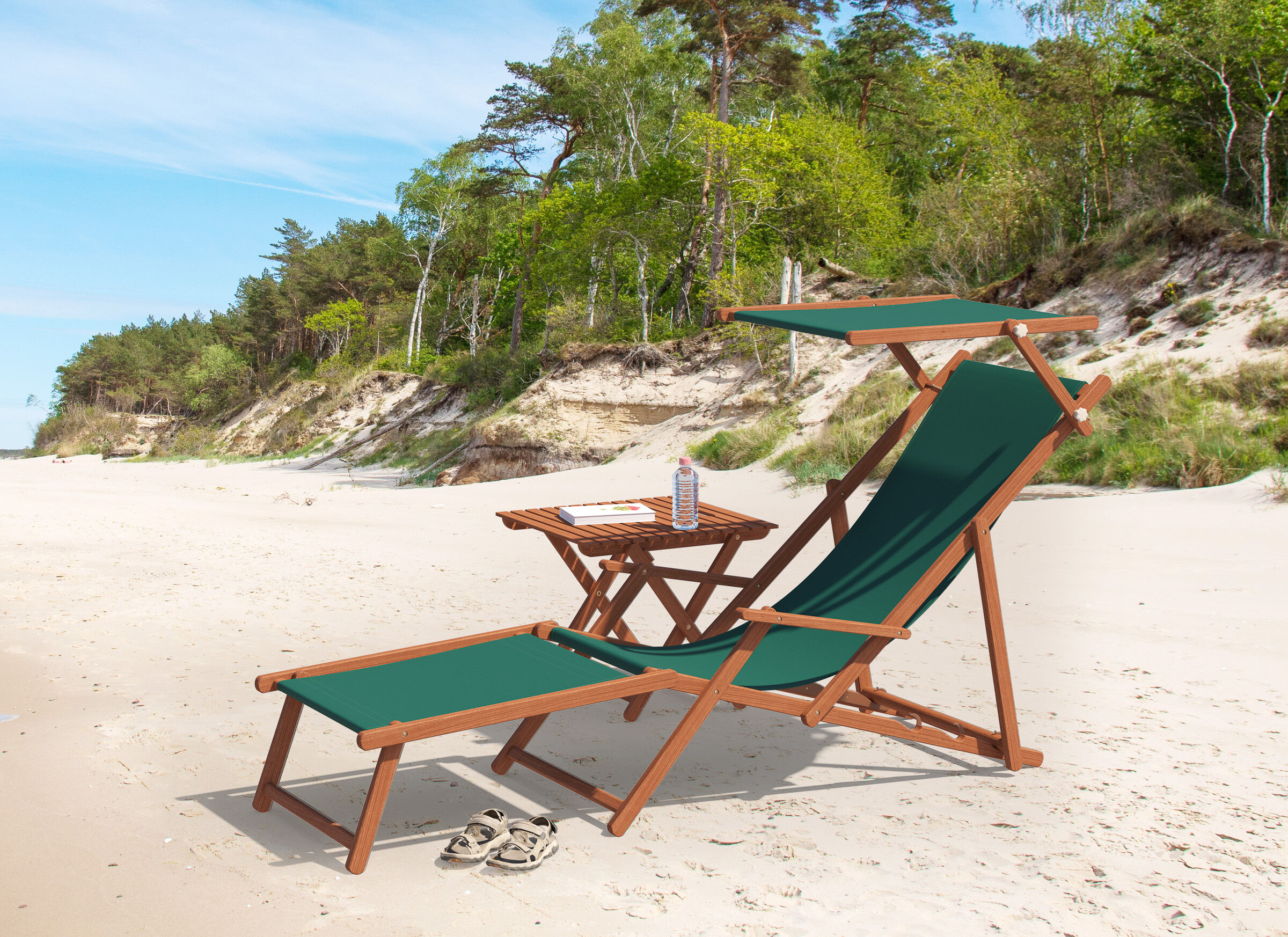 strandstuhl, lehnstuhl, holz, grün, sonnenschutz, Gartenliege mit grünem Sitzstoff