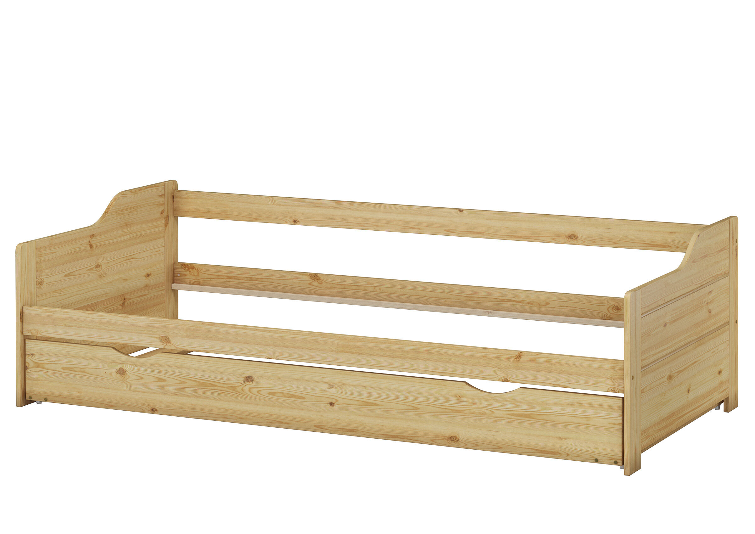 Holz Bett, Kinderbett, Etagenloses Bett, Kiefernholz, Naturholz, Sofabett Kieder natur mit Bettkasten - nur Rahmen