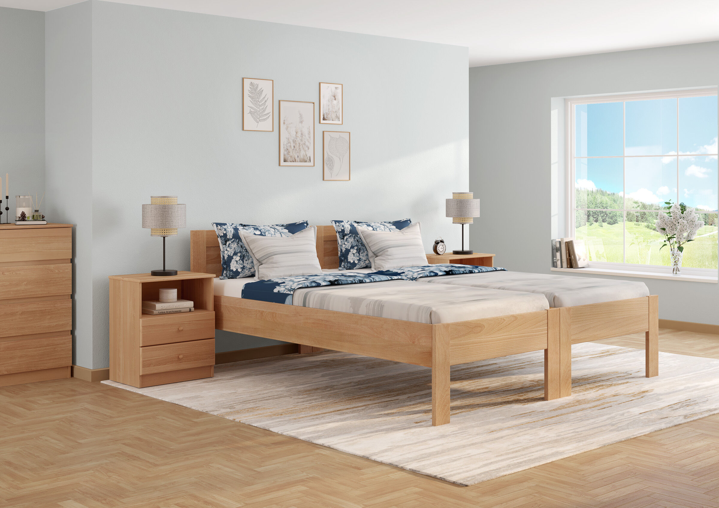 bett, schlafzimmer, holzbettrahmen, nachttische, lampen, Einzelbett mit Kopfteil