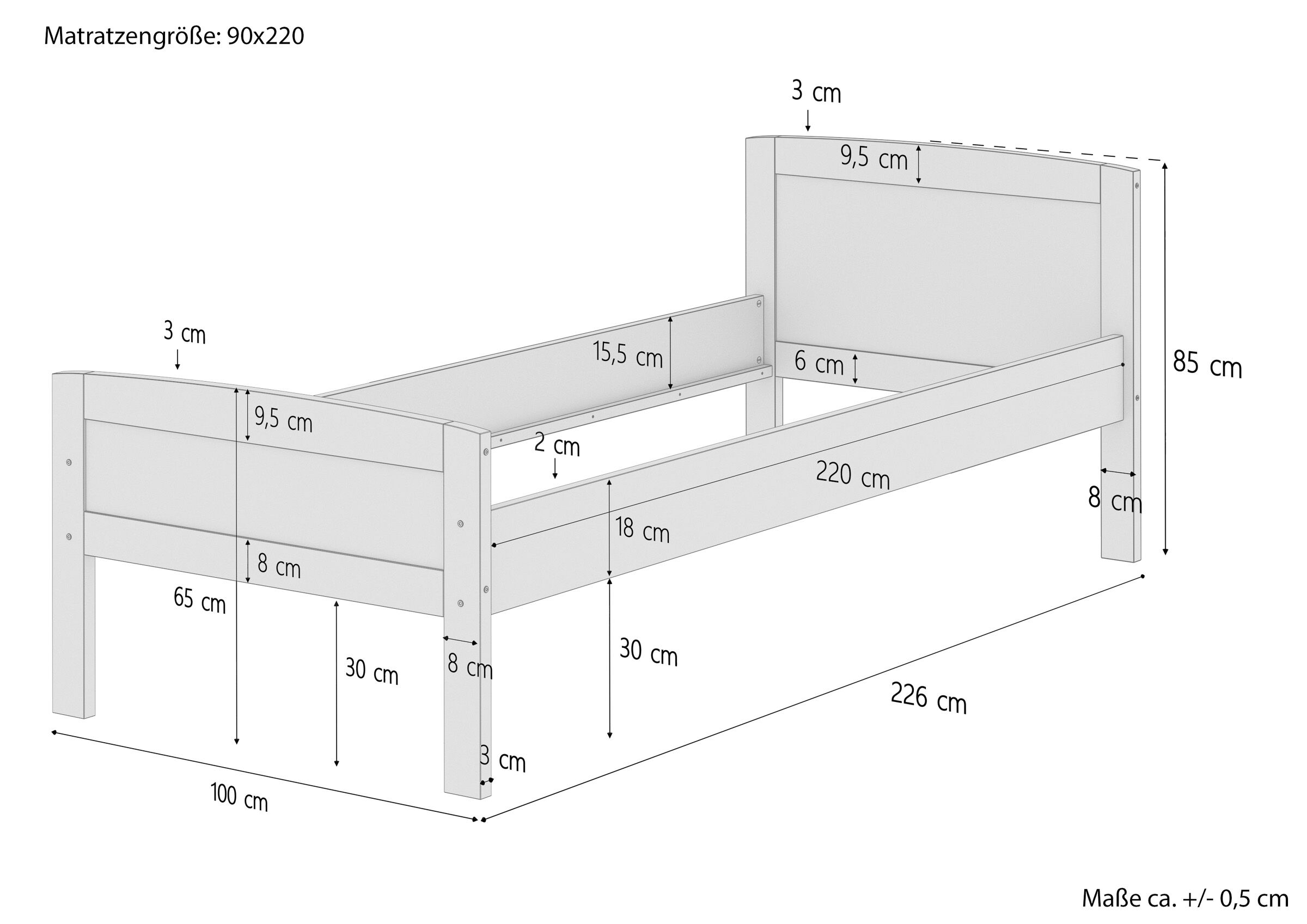 Etagenbett, Holzbett, Kinderbett, Lattenrost, Maße 90x220, Maßskizze