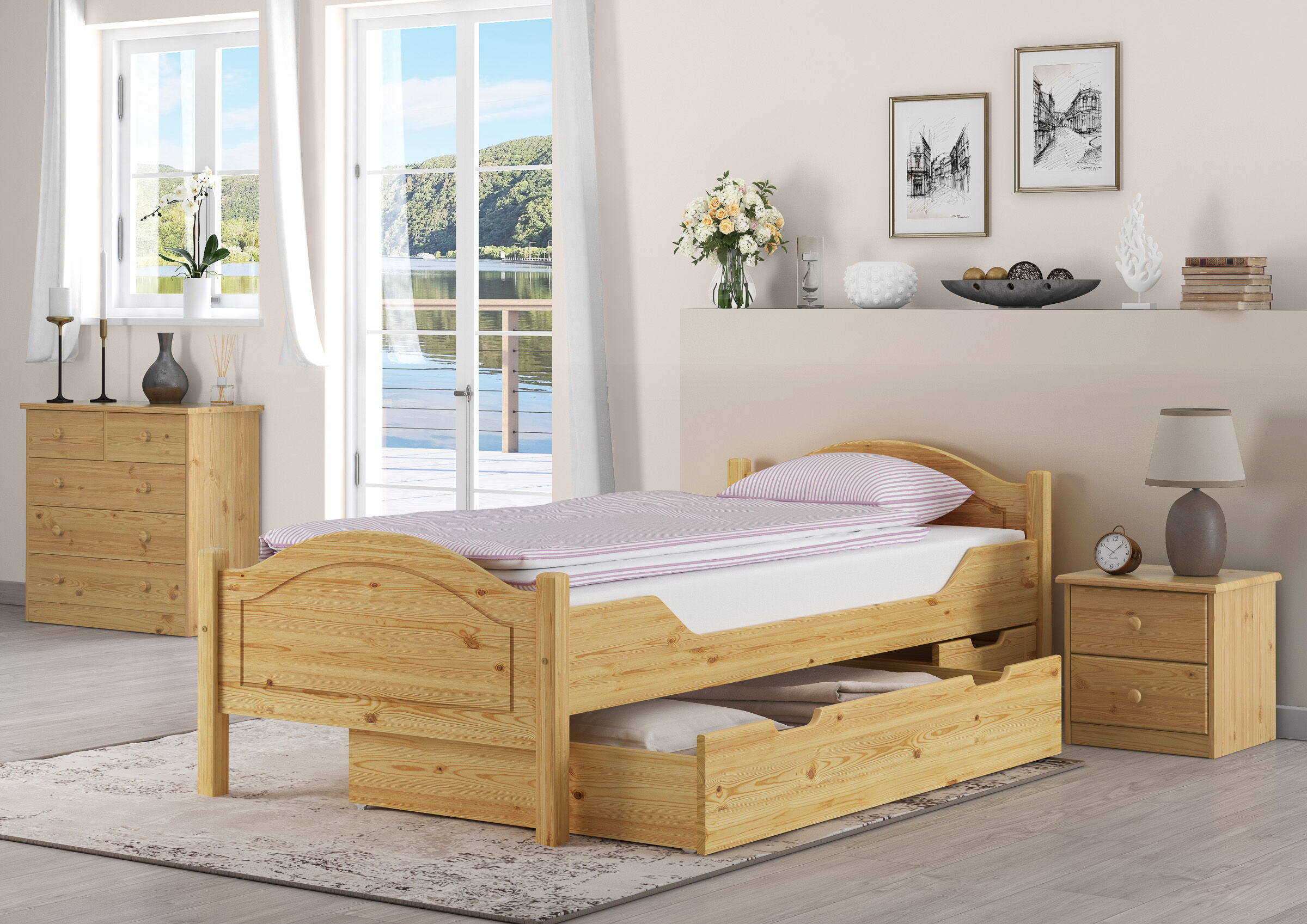 Betttisch, Bettkasten, Kleines Schlafzimmer, Holzmöbel, Schlafzimmerdeko, Kinderbett Kiefer natur