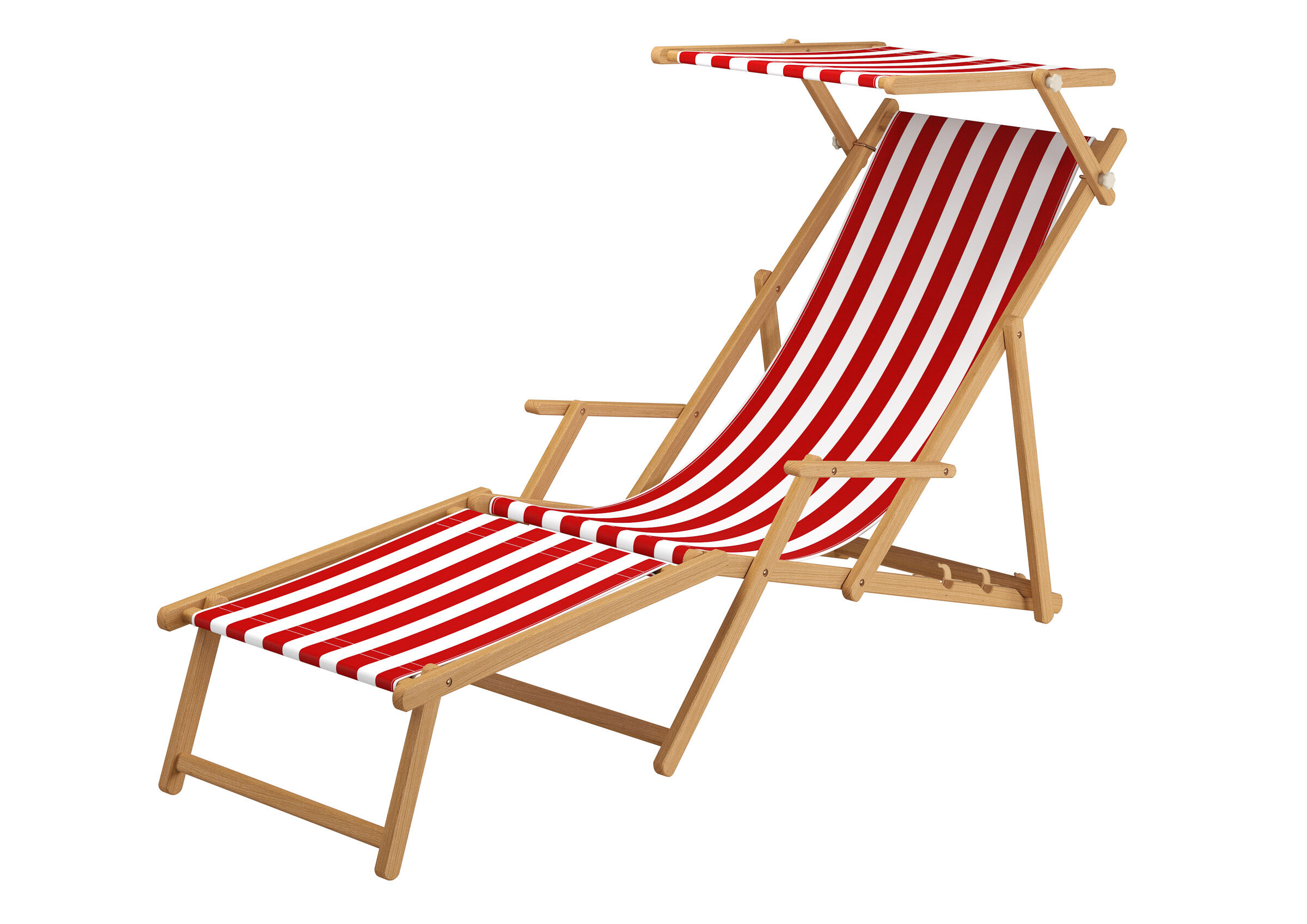 Liegestuhl, Sonne, Holzrahmen, Rot-Weiß gestreift, Strandstuhl, Holz Strandliege klappbar mit Fußteil und Sonnendach