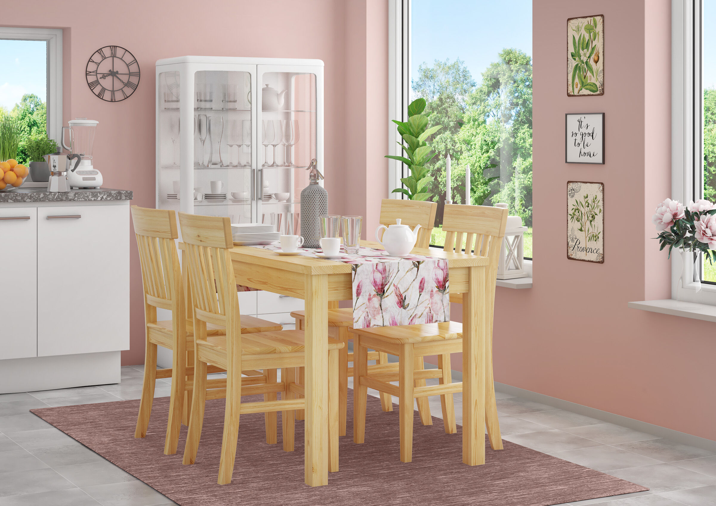küche, (es) dining table, holzstühle, rosa wände, china cabinet, Küchentisch schmal, Kiefer