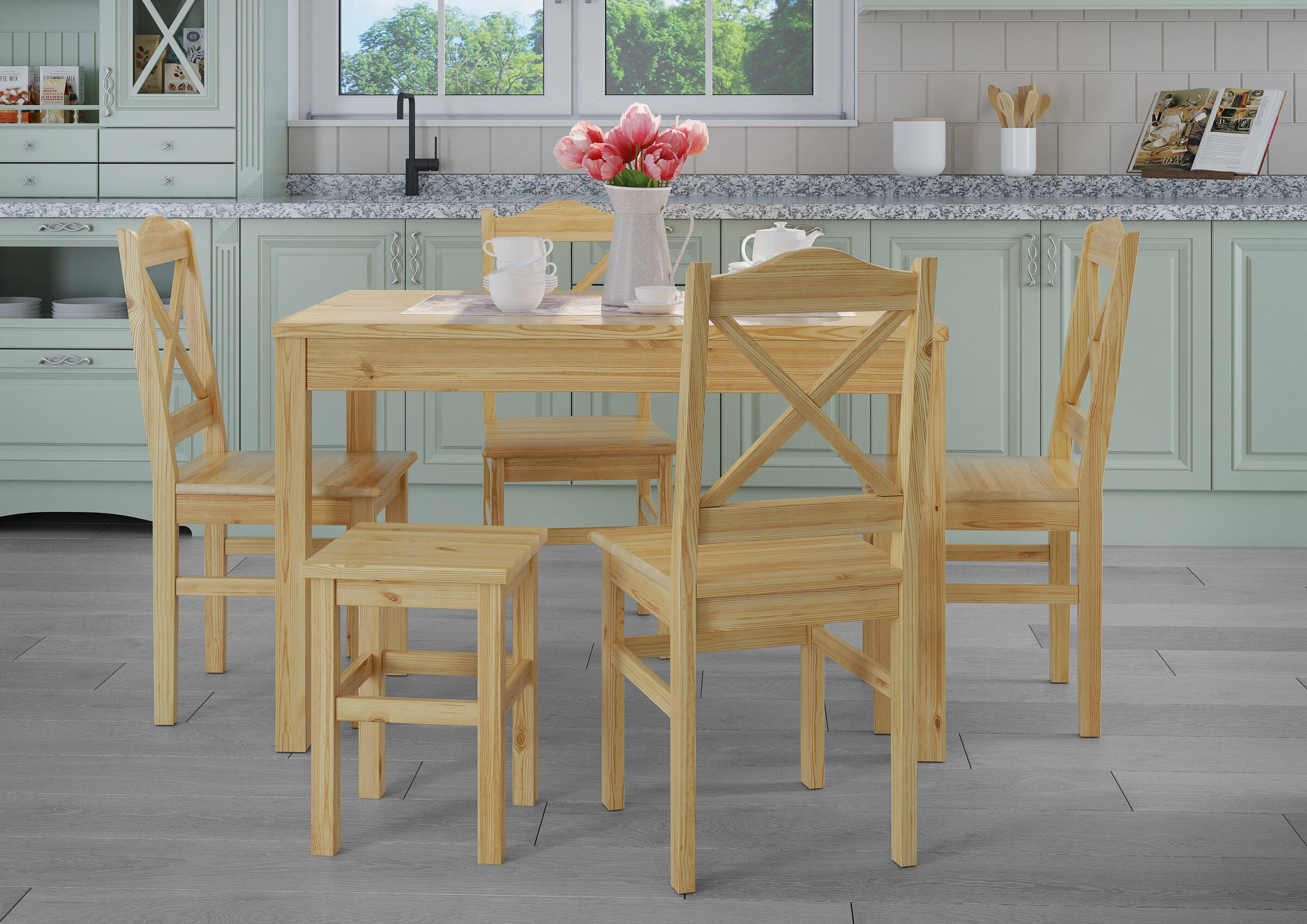 Esstisch, Holztisch, Kiefernholz, Naturholz, Küche, Zimmerbild des Hockers mit Tischgruppe