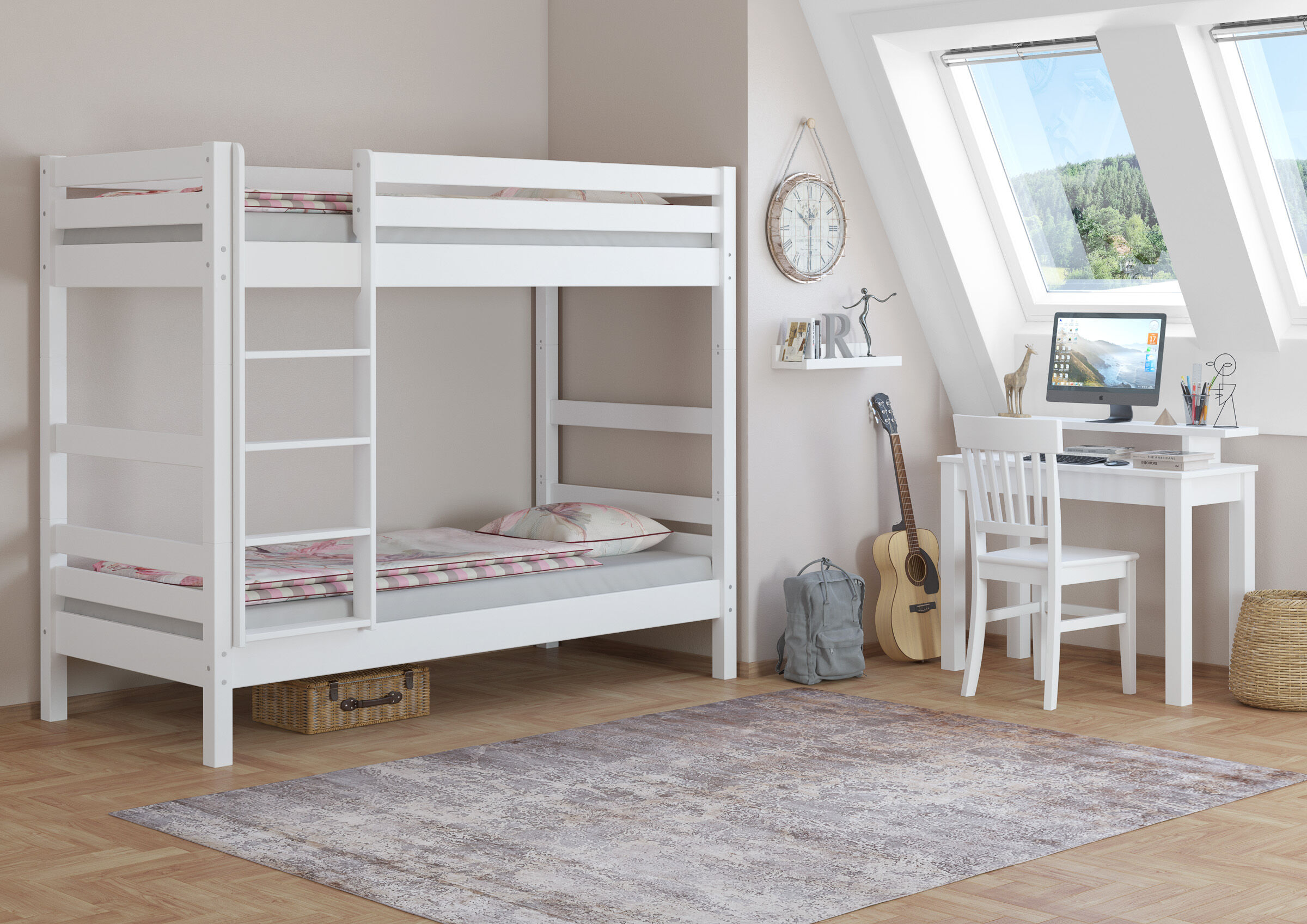 Etagenbett, weißes Möbel, Schreibtisch, Gitarre, Teppich, Stabiles Stockbett 90x200 Buche massiv waschweiß