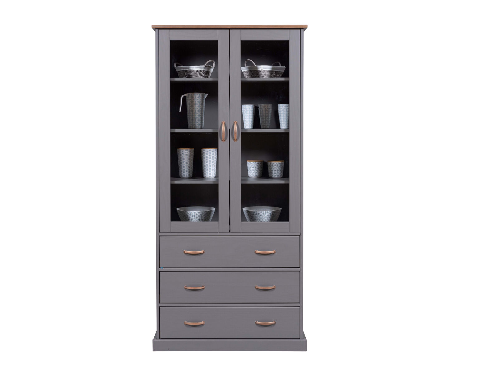 Vitrine, Schrank, Glasvitrine, Schubladen, Geschirrset, Küchenvitrine grau mit 2 Glastüren