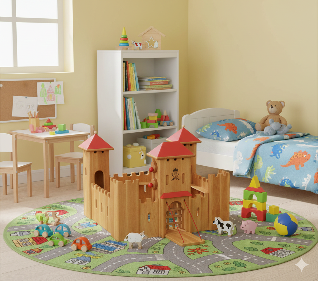 Holzspielzeug, Puppenhaus, Kletterburg, Spielteppich, Kinderzimmer, Holzritterburg im Kinderzimmer