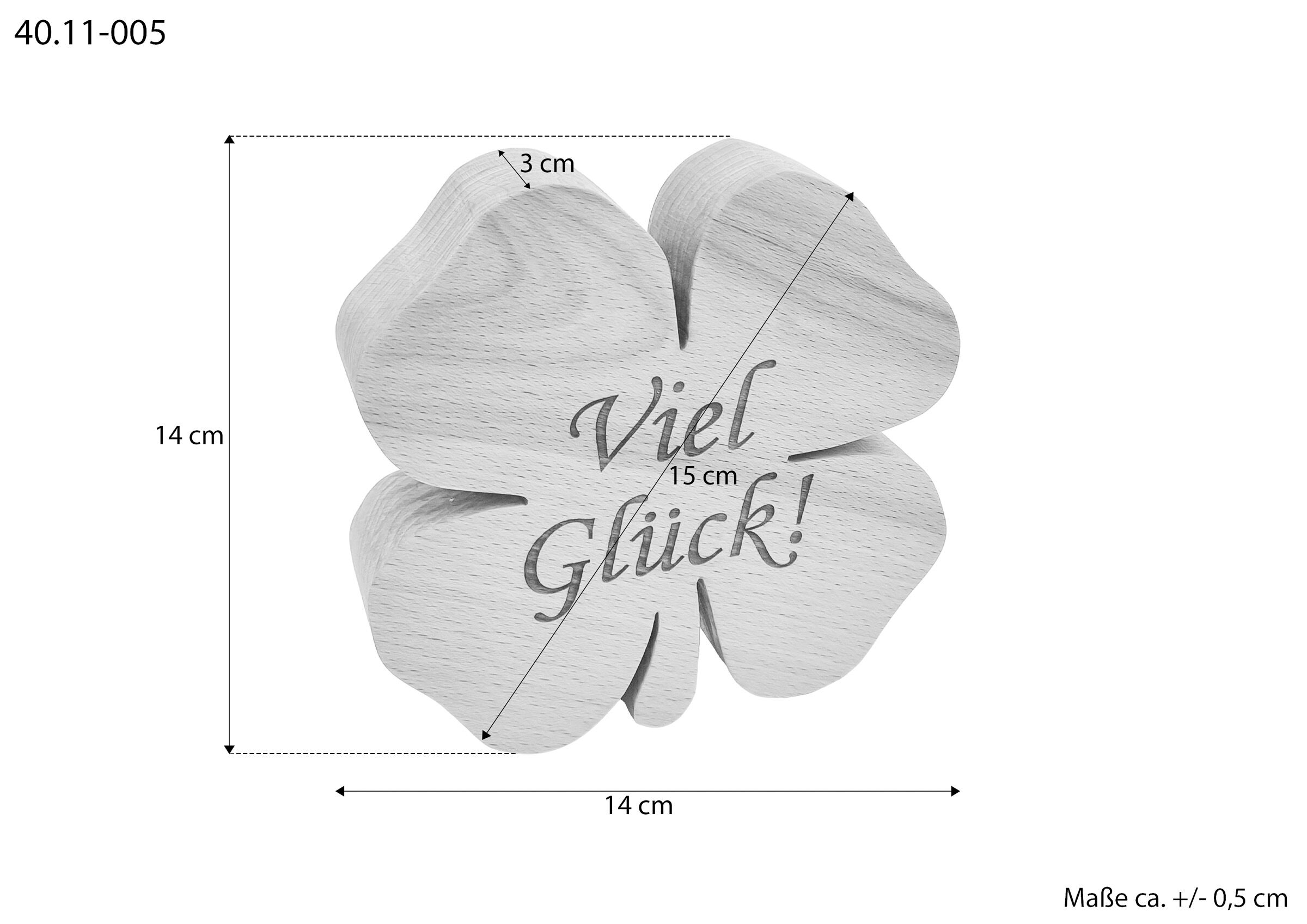 Holzdeko, Kleeblatt, Viel Glück, Holzartikel, Dekostück, Maße des kleinen Echtholz-Kleeblatts 14 cm