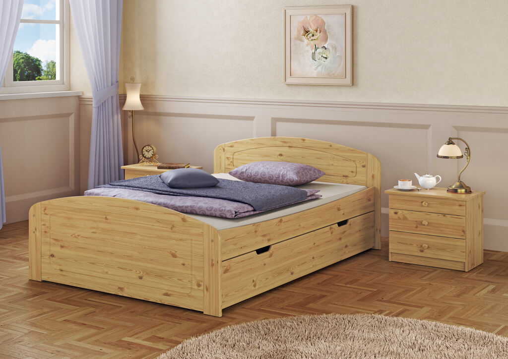 Holzbett, Kastenbett, Nachtisch, Birkenholz, Bettwäsche, Schlafzimmer mit Doppelbett Kiefer natur