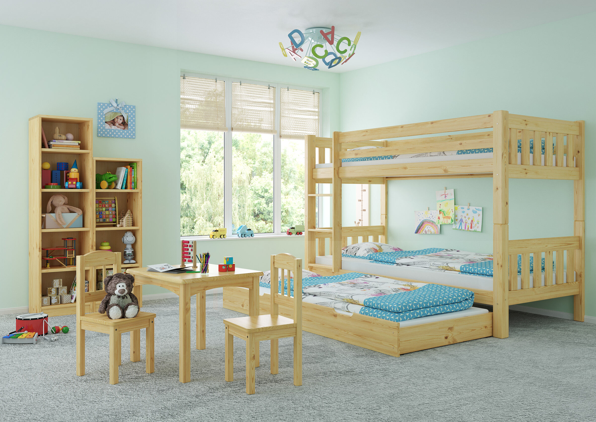 Kinderszimmerset, Etagenbett, Holzmöbel, Kinderzimmer, Bettgestell, Schlichtes Etagenbett mit viel Zubehör