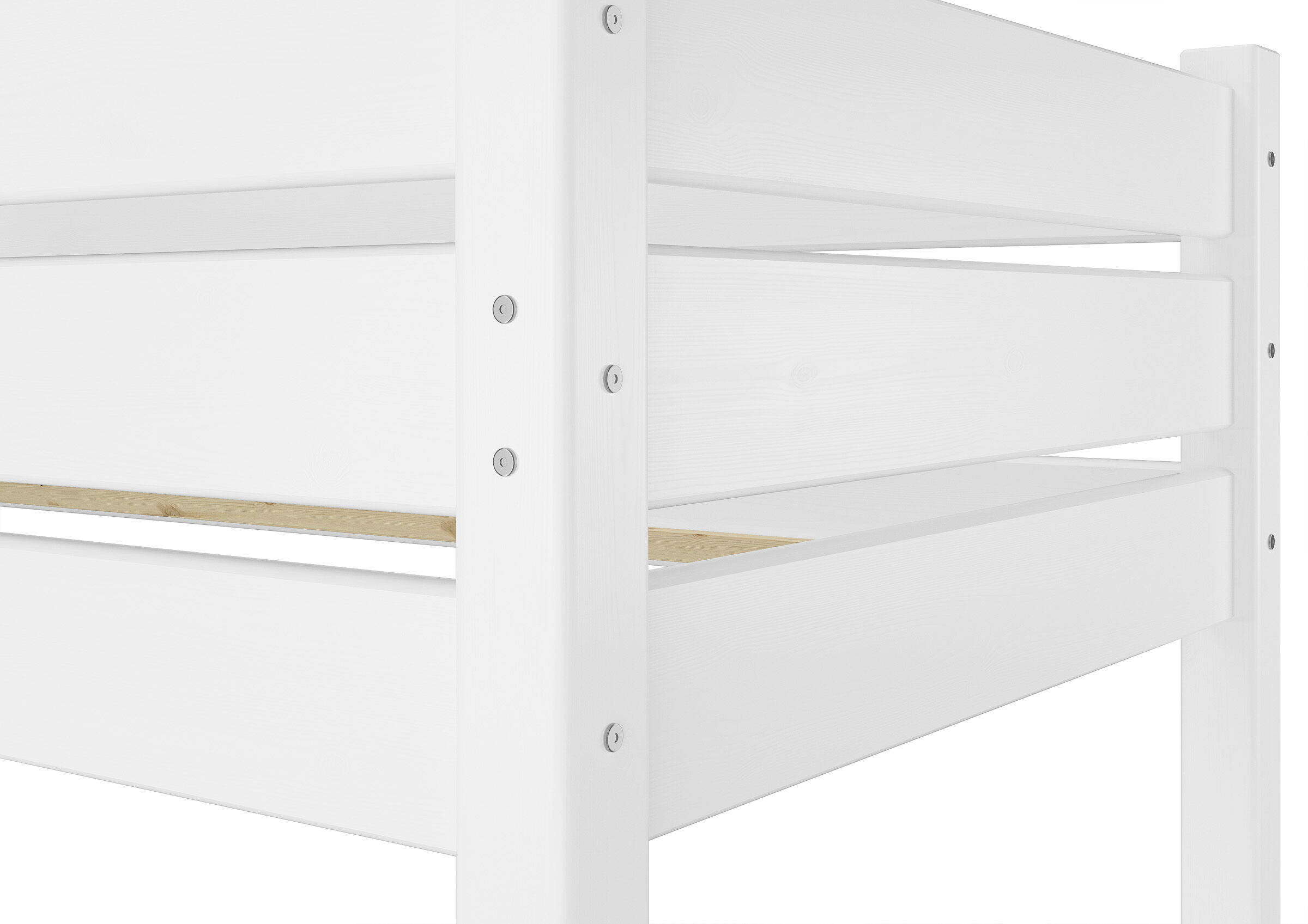 Holzbettrahmen, Weiß, Bett, Lattenrost, Holzlatten, Etagenbett oben weiß lackiert