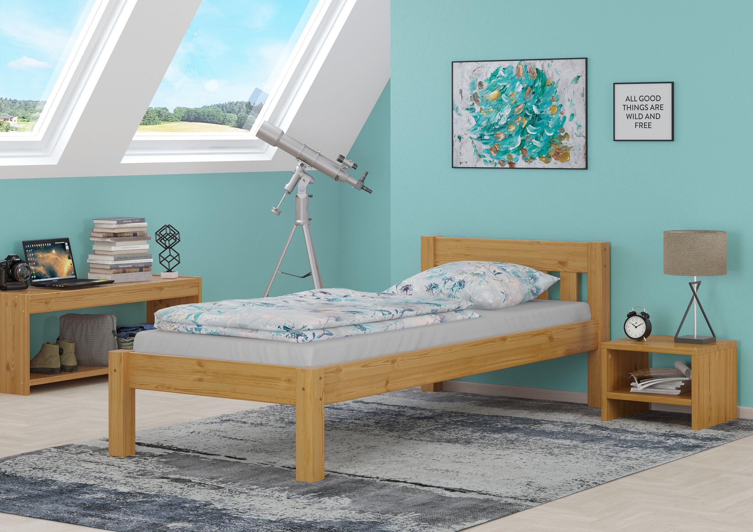 Teleskop, Schlafzimmer, Holzbett, Schreibtisch, Wanddekoration, Zimmerbild des Echtholzbettes 100x200 aus Kiefer