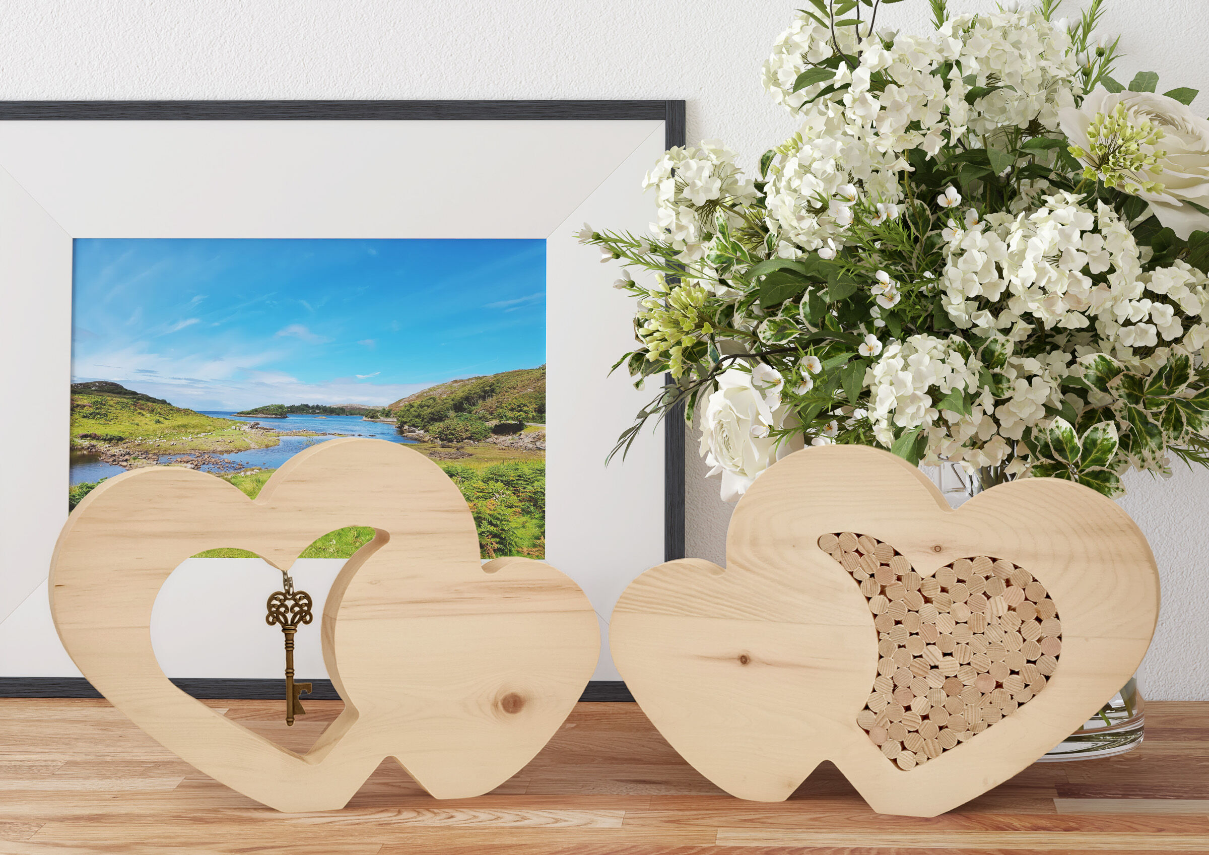 herz-deko, holzdekoration, kissenholz, blumen-arrangement, rahmenbild, Doppelherzen mit Schlüssel und gefüllt