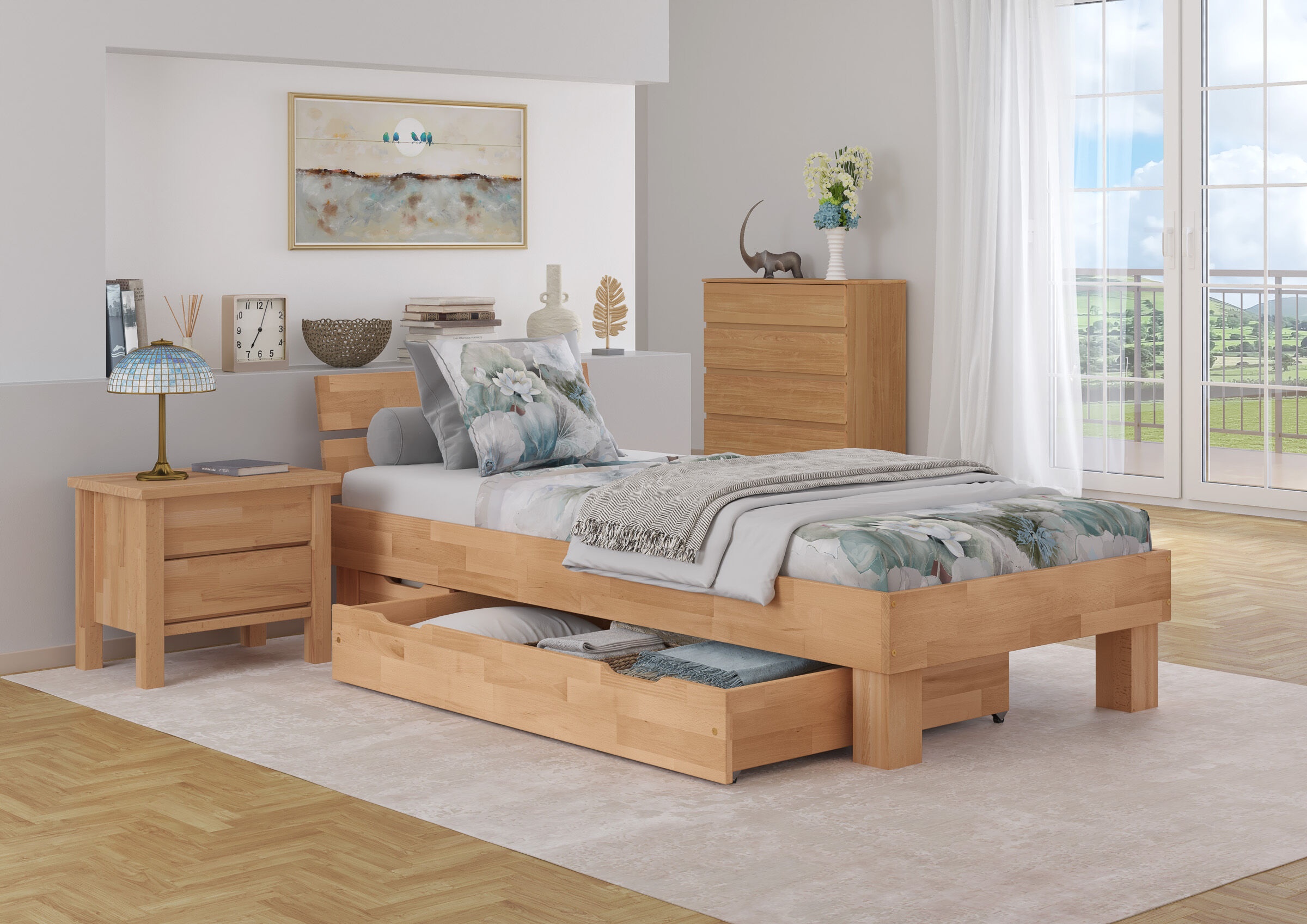 Holzbetten, Bett, Nachttisch, Kleiderschrank, Pflanzen-Dekor, Buche Bettkasten geteilt unten ein Massivholzbett 90x200
