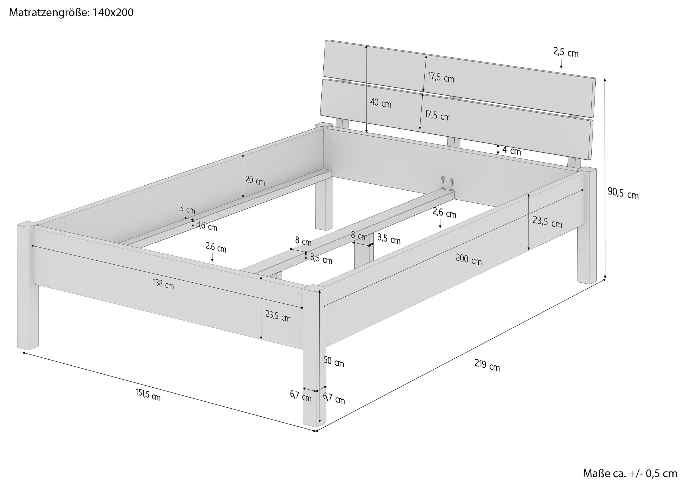 Maße des hohen Holzbettes 140x200 Metallfreies Doppelbett 140x200 mit Kopfteil
