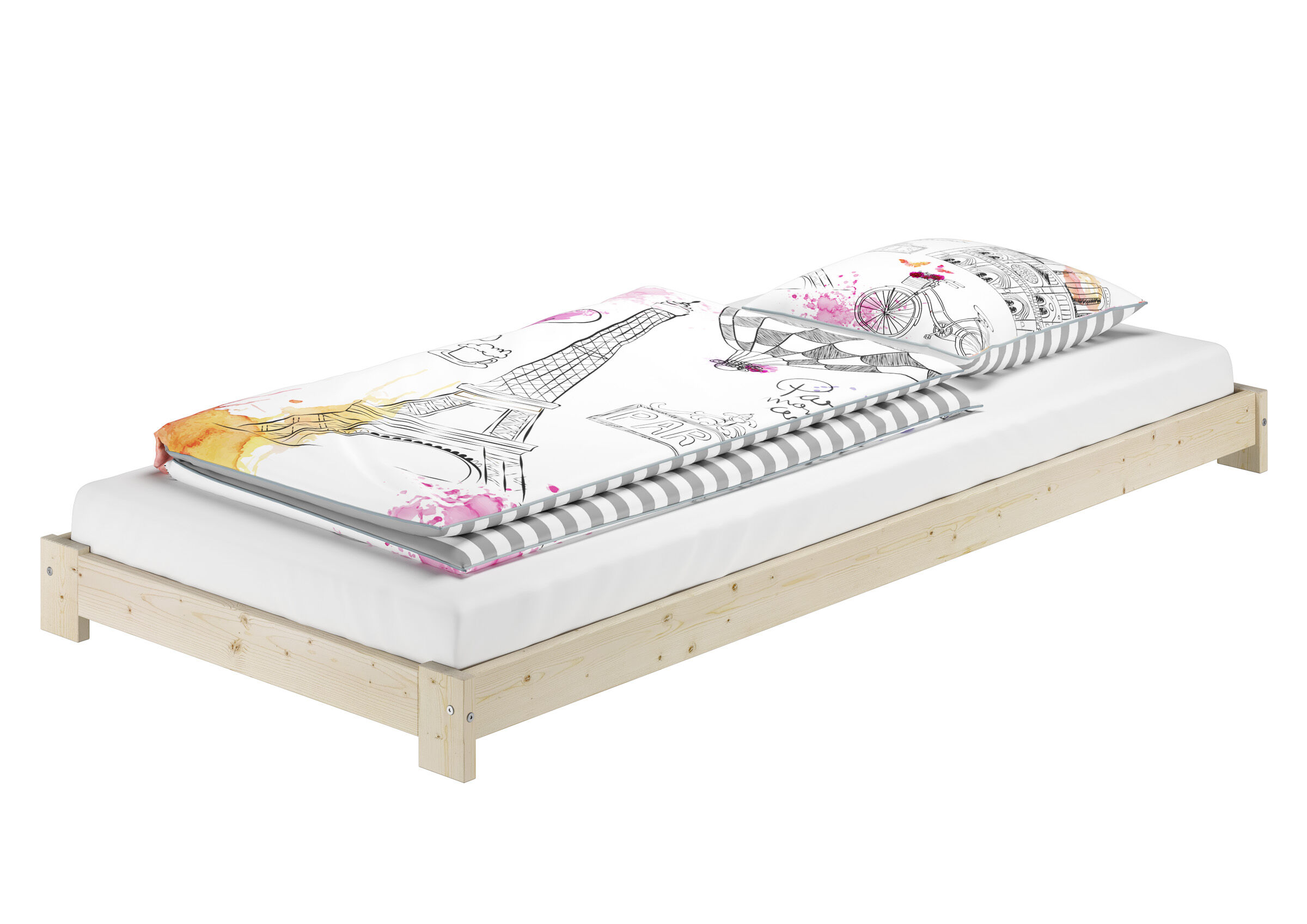 Einzelliege, Bettgestell, Holzbett, Möbel-Set, Gestänge-Motiv, Schlichtes Massivholzbett extra niedrig