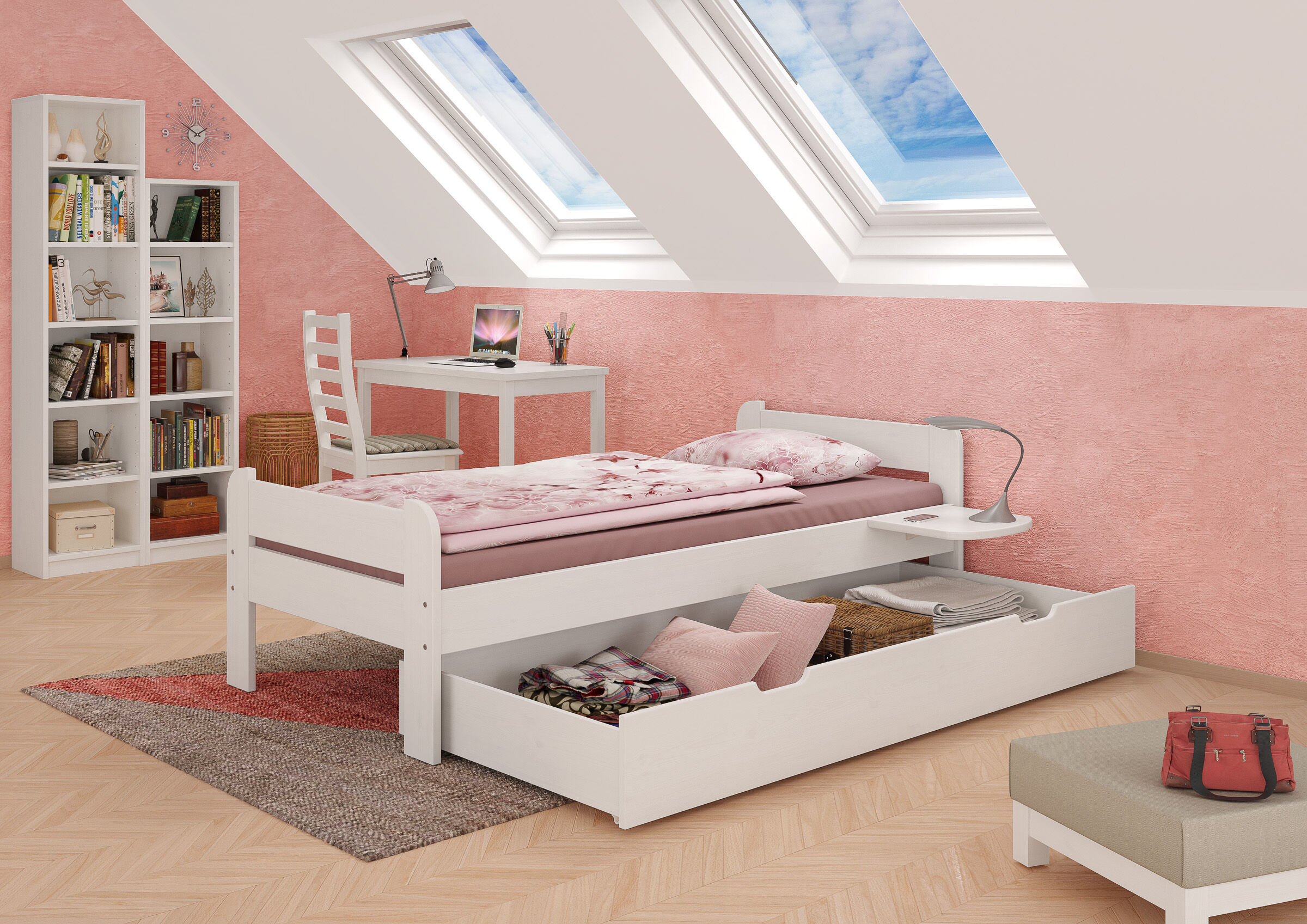 kinderzimmer, bett, träume, schreibtisch, regal, Schlafzimmerbild weißes Kiefer Bett