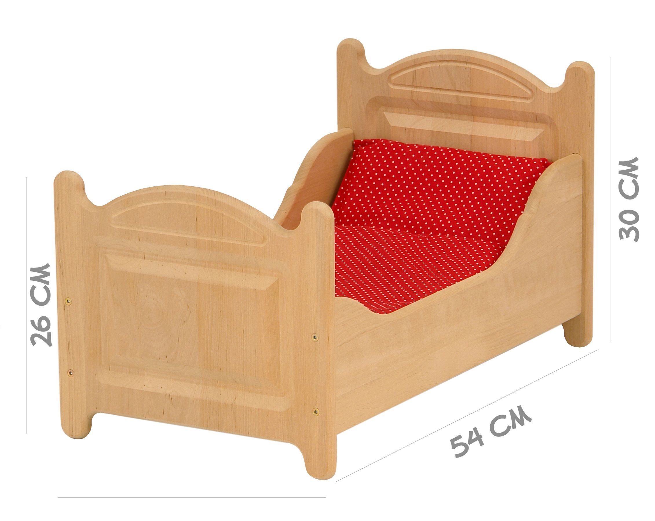 Kinderbett, Holz, Kleine Bettgröße, Rot gepunktet, Holzbettschale, Maße Puppenbett
