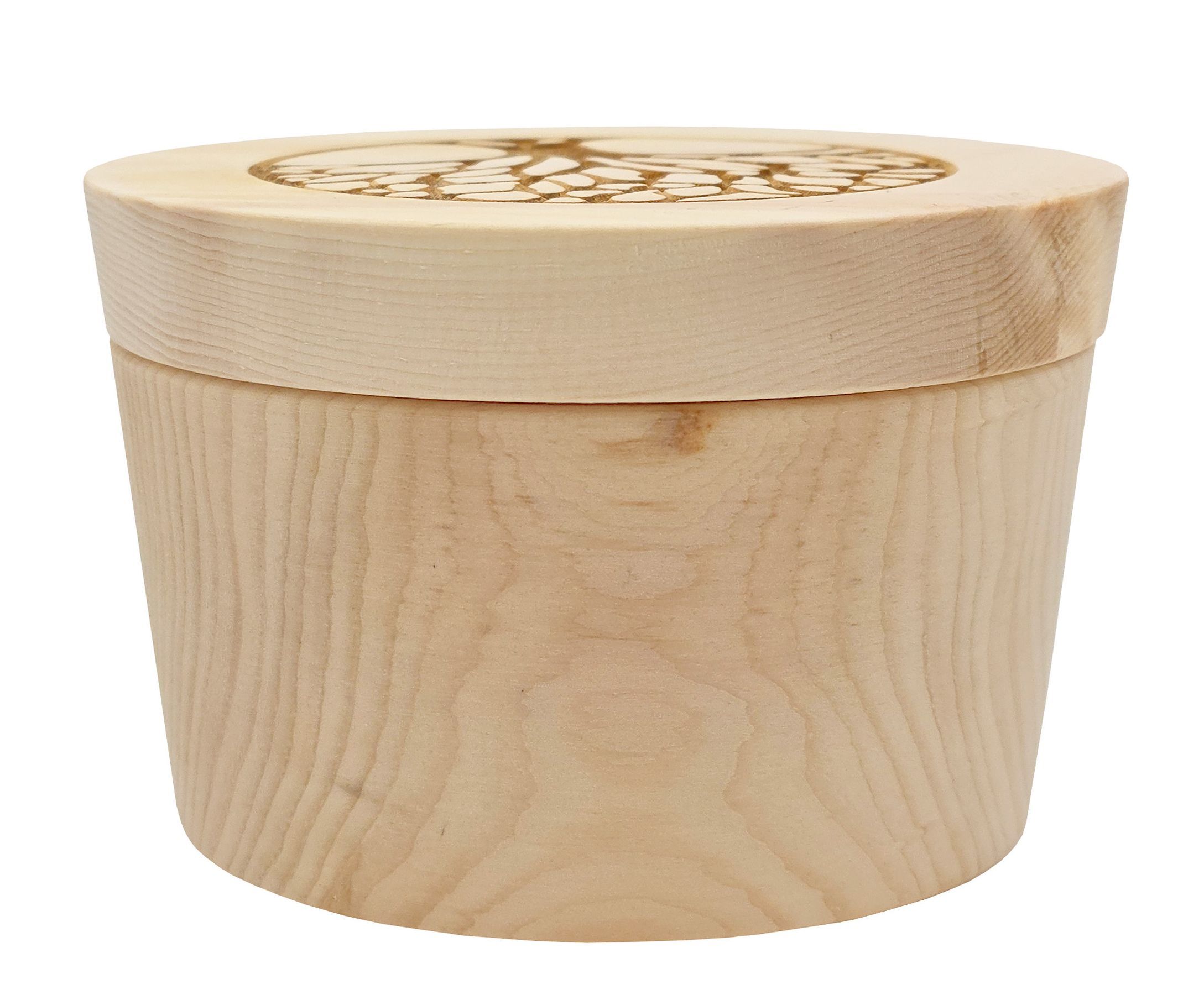 Holzkiste, Schatzdose, Holzbox, Dosenbox, Holzfurnier, Detailbild der Holzdose aus Zirbe