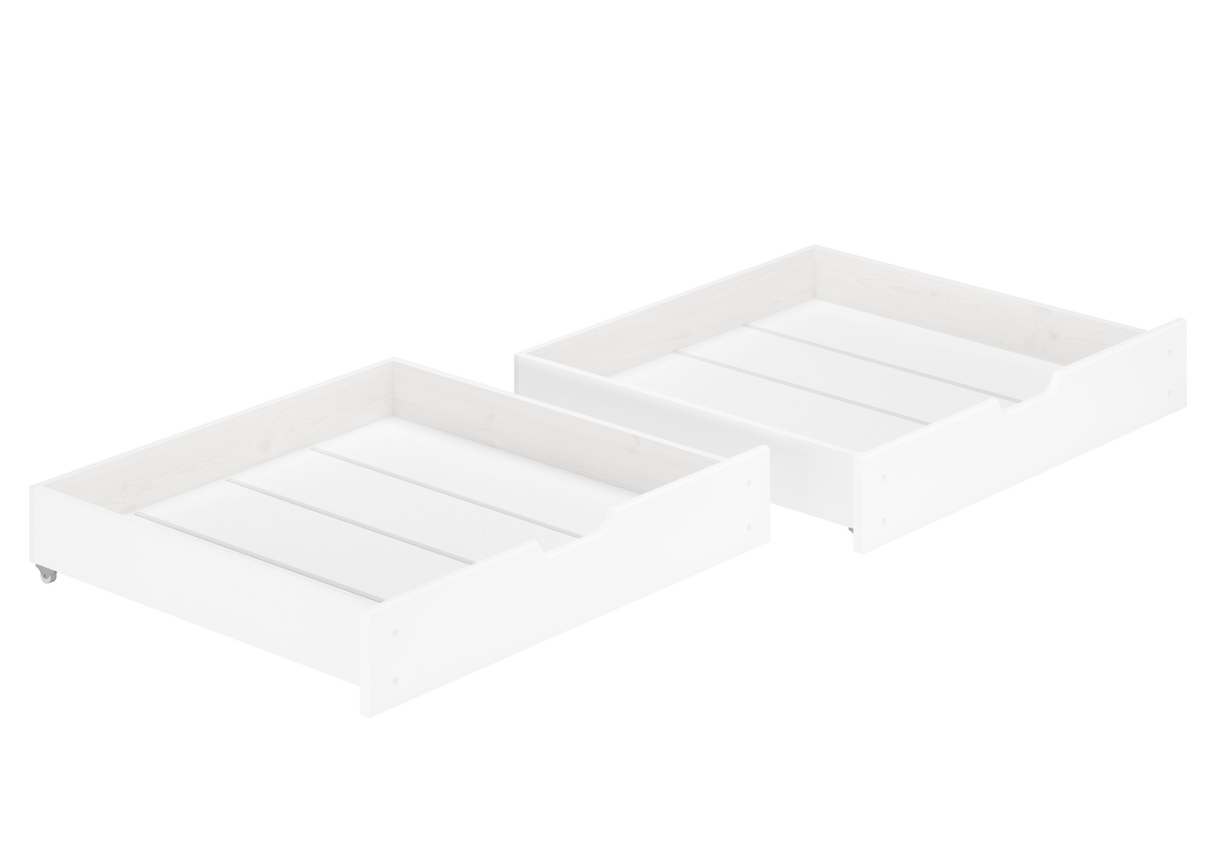Bettrahmen, Schubladenbett, Holzbett, weiß, Rädern, Stellbares Bett, 2 weiße Bettschubladen