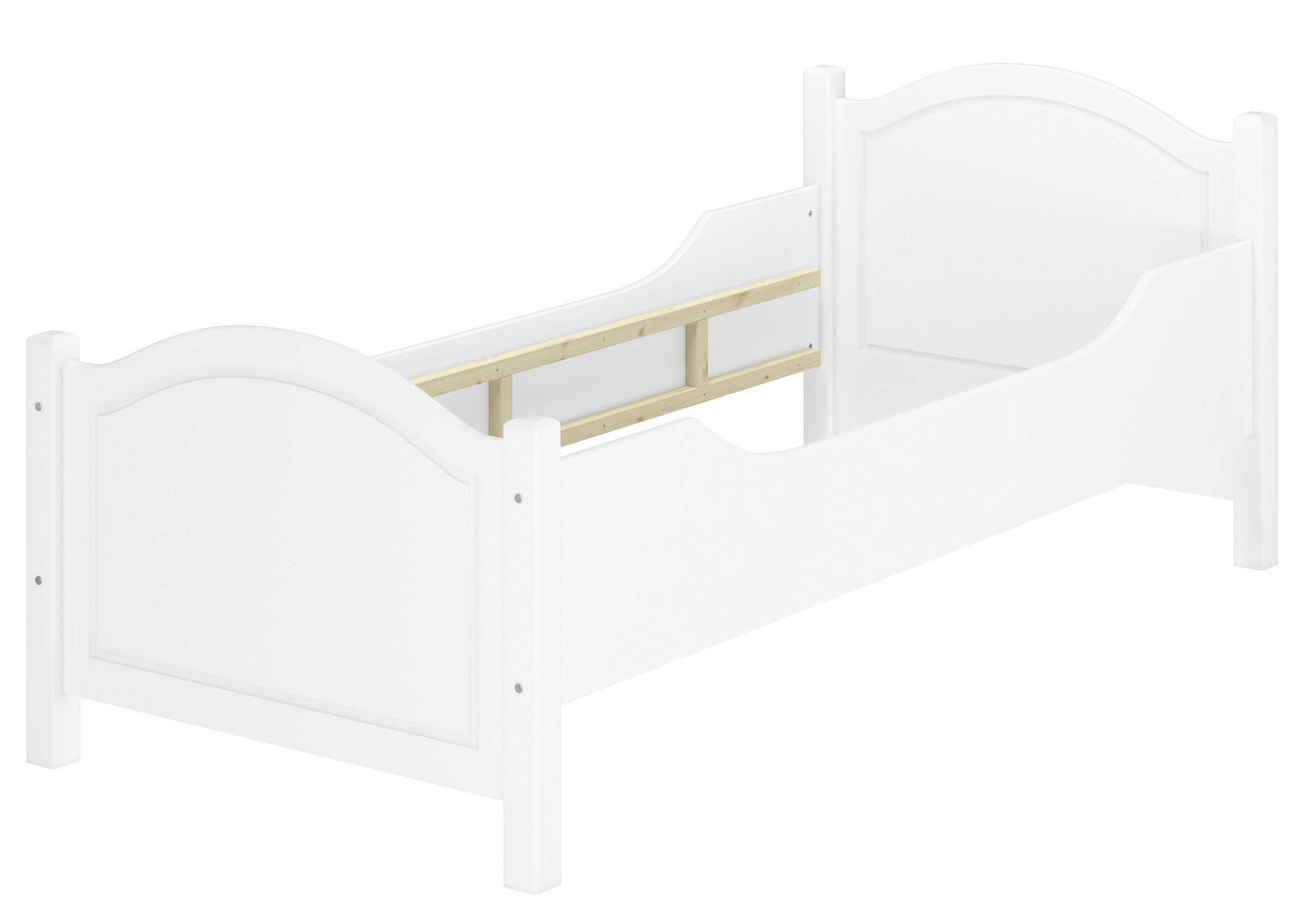 Kinderbett, Holz, weiß, Lamellengitter, Einzelbett, Waschweißes Vollholzbett 100x220 mit variabler Einlegetiefe
