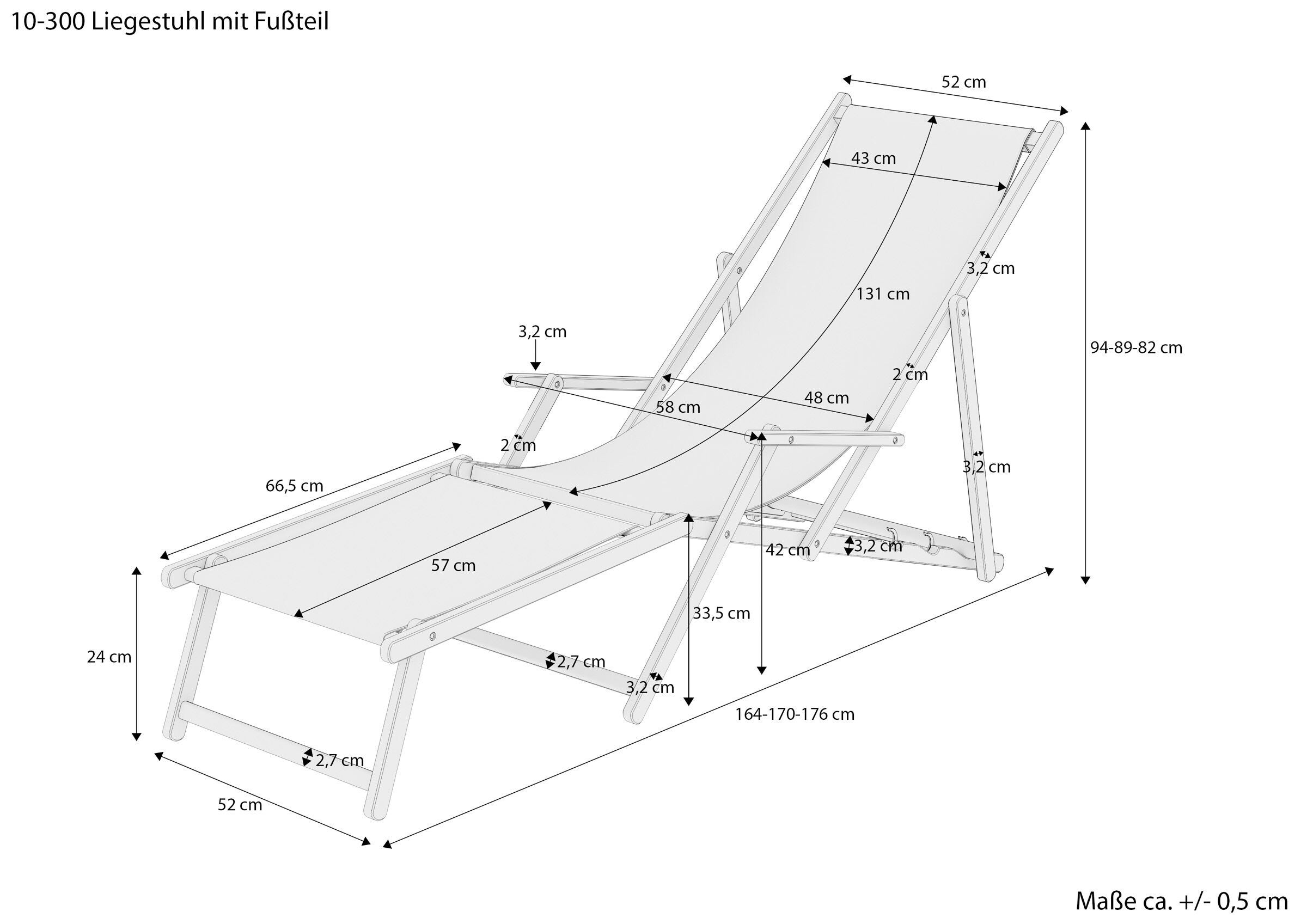 Liegestuhl, Faltstuhl, Fußteil, Klappstuhl, Gartenmöbel, Maßskizze des Holzstuhls aus Buche mit Fußteil
