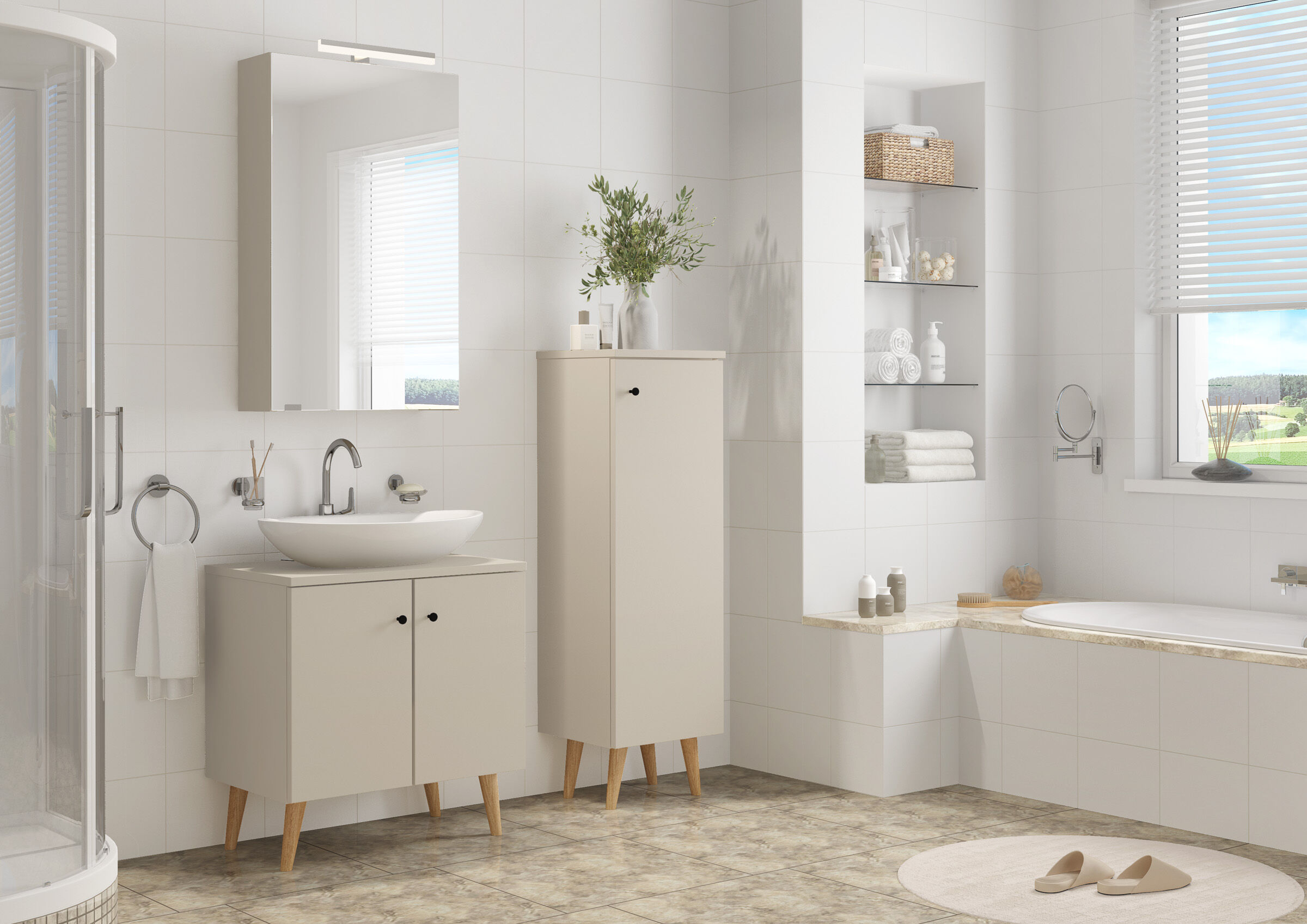 Badezimmer, Waschtisch, Schrank, Waschbecken, Dusche, Badezimmer Bild mit Badezimmermöbel mit Füßen in Eiche