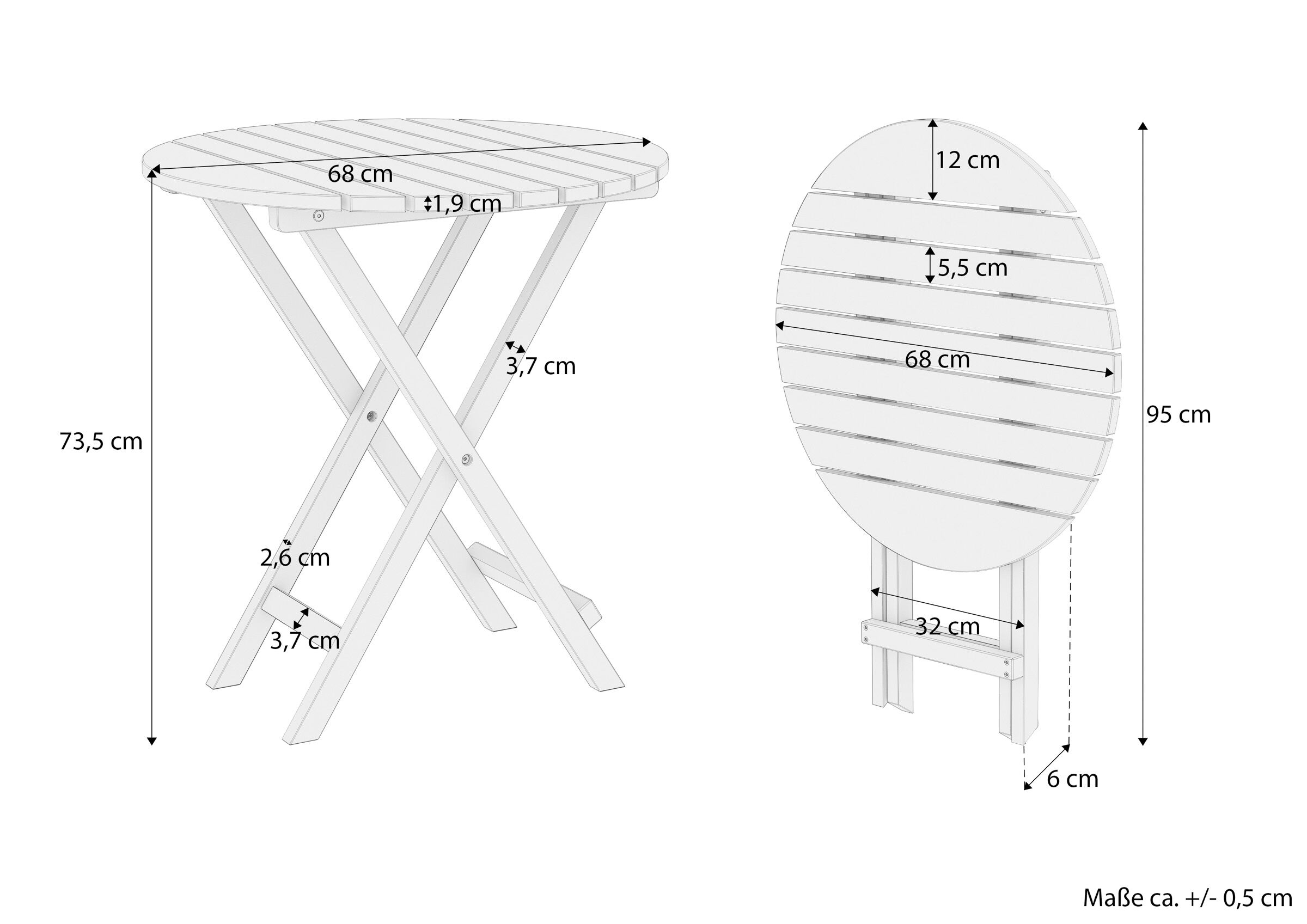 Beistelltisch, Flacher Holz-Tisch, X-Stativ, Holzlatten, Klapptisch, Maße des runden Buchenholztisch 68x68x74