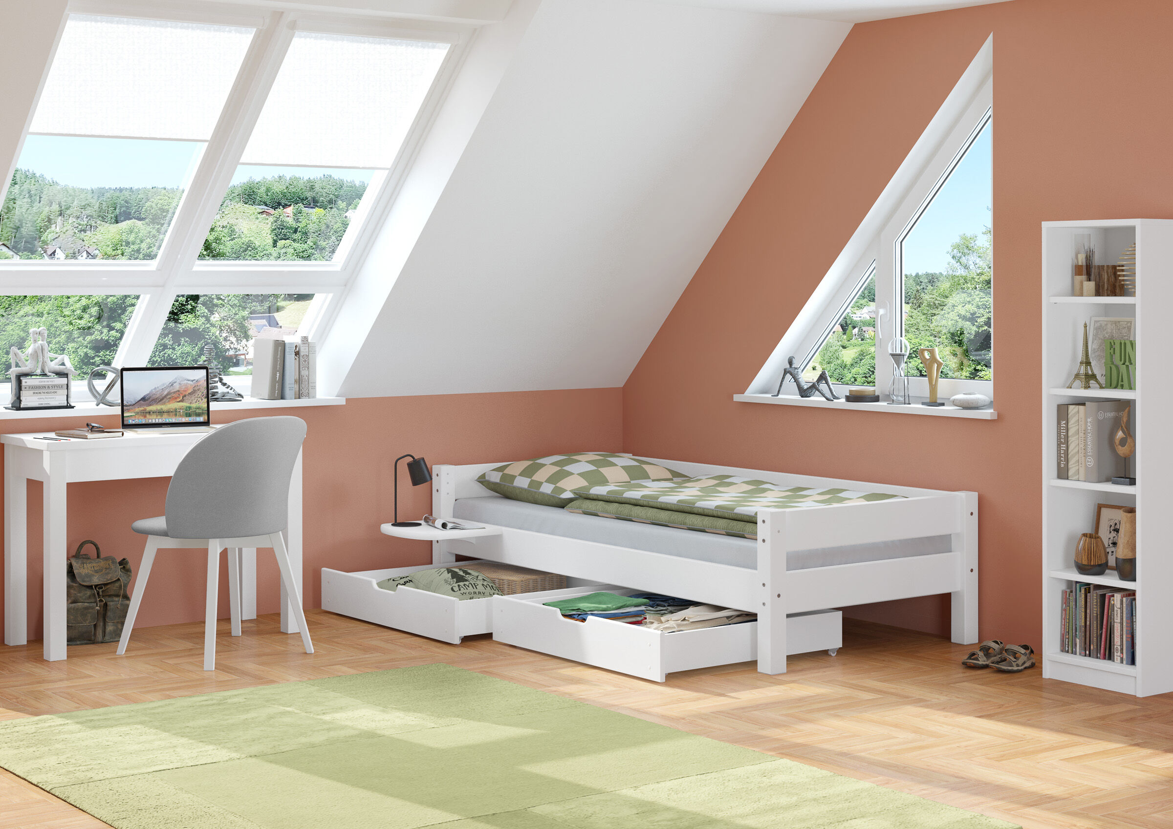 Kinderzimmer, Bett, Schublade, Schreibtisch, Fenster, Schlafzimmerbild Kinderzimmer mit Bettkasten weiß