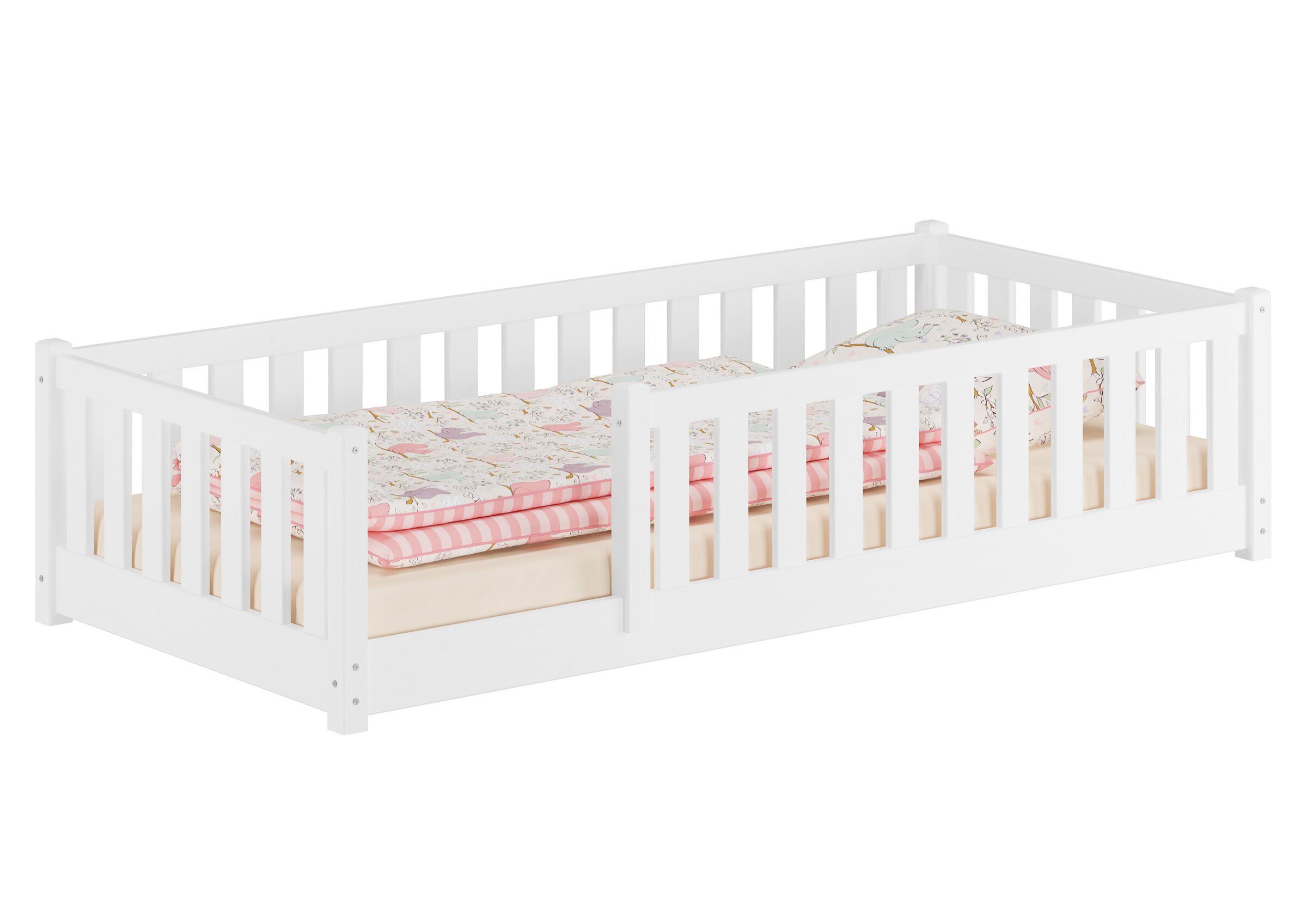 Babybett, Kinderkrippe, Weiß, Lattenrostseiten, Bettwäsche-Set, Waschweißes Kiefernholzbett 90x200 cm für Kinder