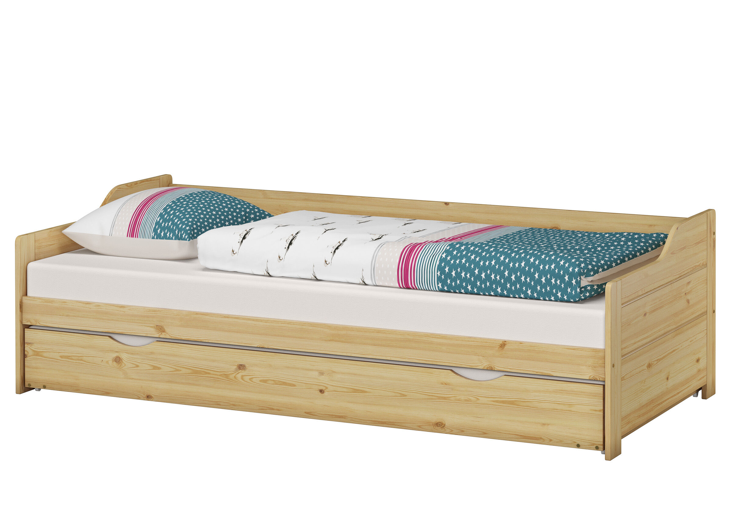 Holzbett, Kinderbett, Schubladenbett, Latzkastenbett, Bett mit Stauraum, Sofabett mit Gästebettkasten Kiefer natur
