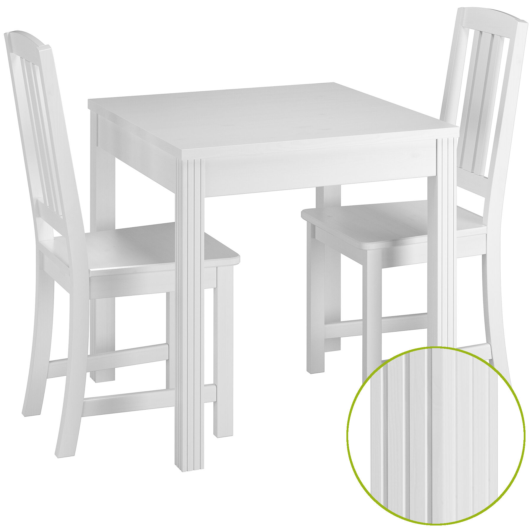 Esstisch-Set, Tisch, Stühle, Holztisch, weiß, Essgruppe aus massiver Kiefer, Stuhlmodell 22, waschweiß lackiert, 75 x 75 cm, Tischbeine mit dekorativen Längsrillen