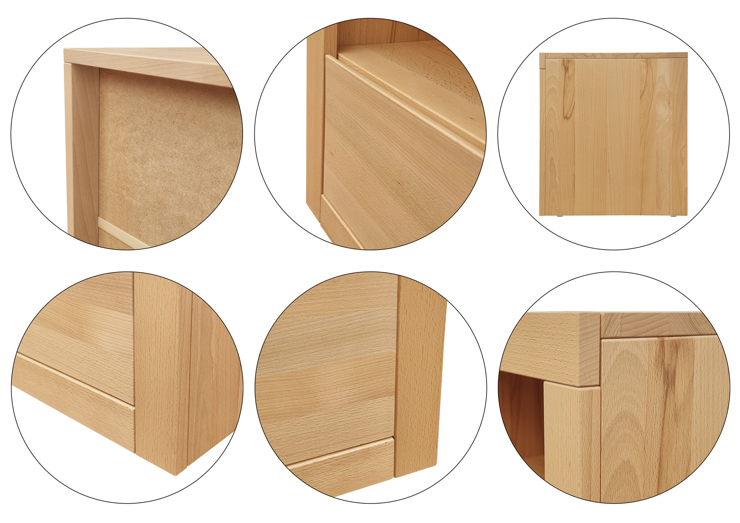 Holzkommode, Schublade, Eiche, Massivholz, Möbelkante, Verbindungen im Detail der Kommode aus Buche